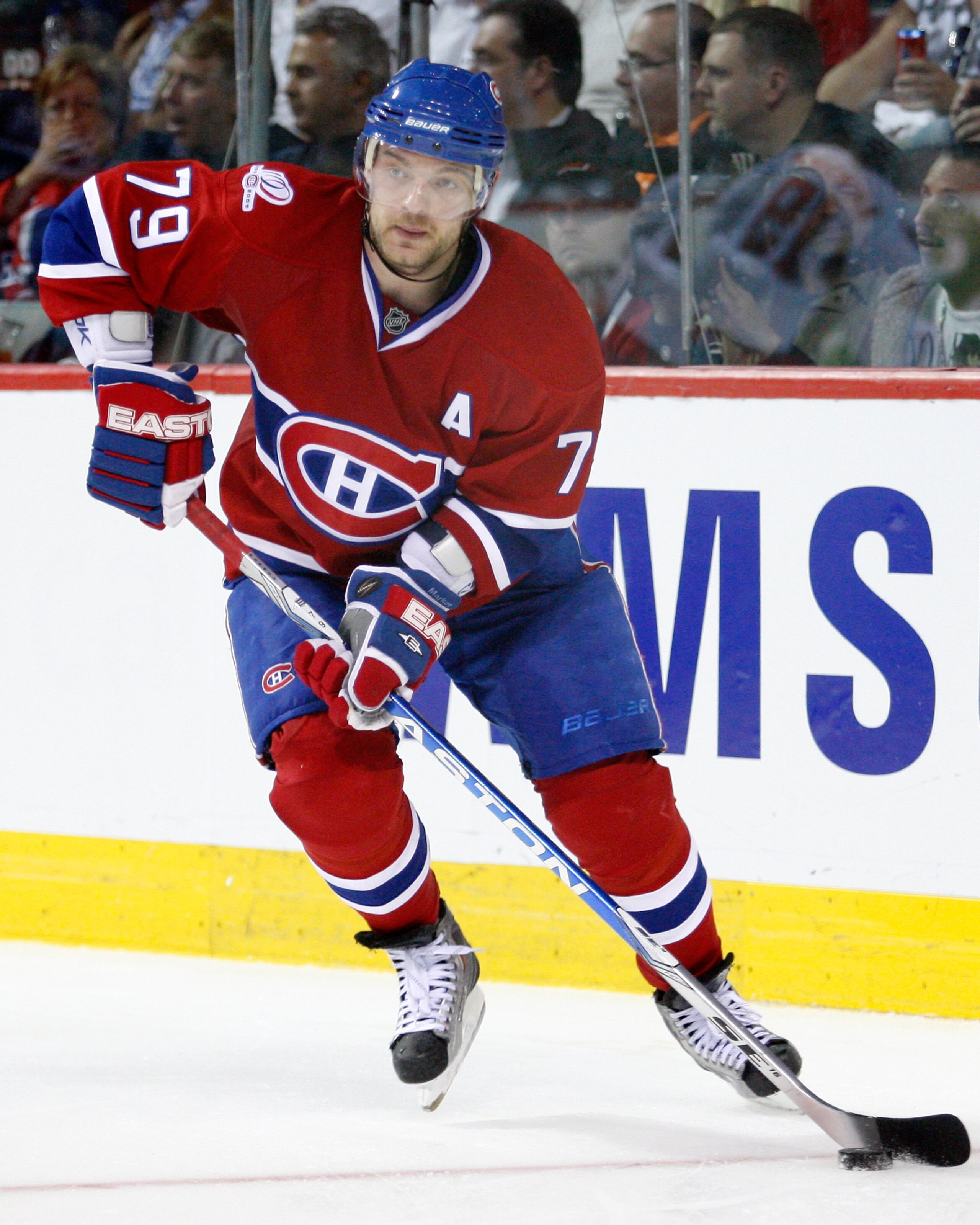 MONTREAL- APRIL 26:  Andrei Markov #79 of the Montreal Canadiens skates with the puck in Game Six of the Eastern Conference Quarterfinals against the Washington Capitals during the 2010 NHL Stanley Cup Playoffs at the Bell Centre on April 26, 2010 in Mont
