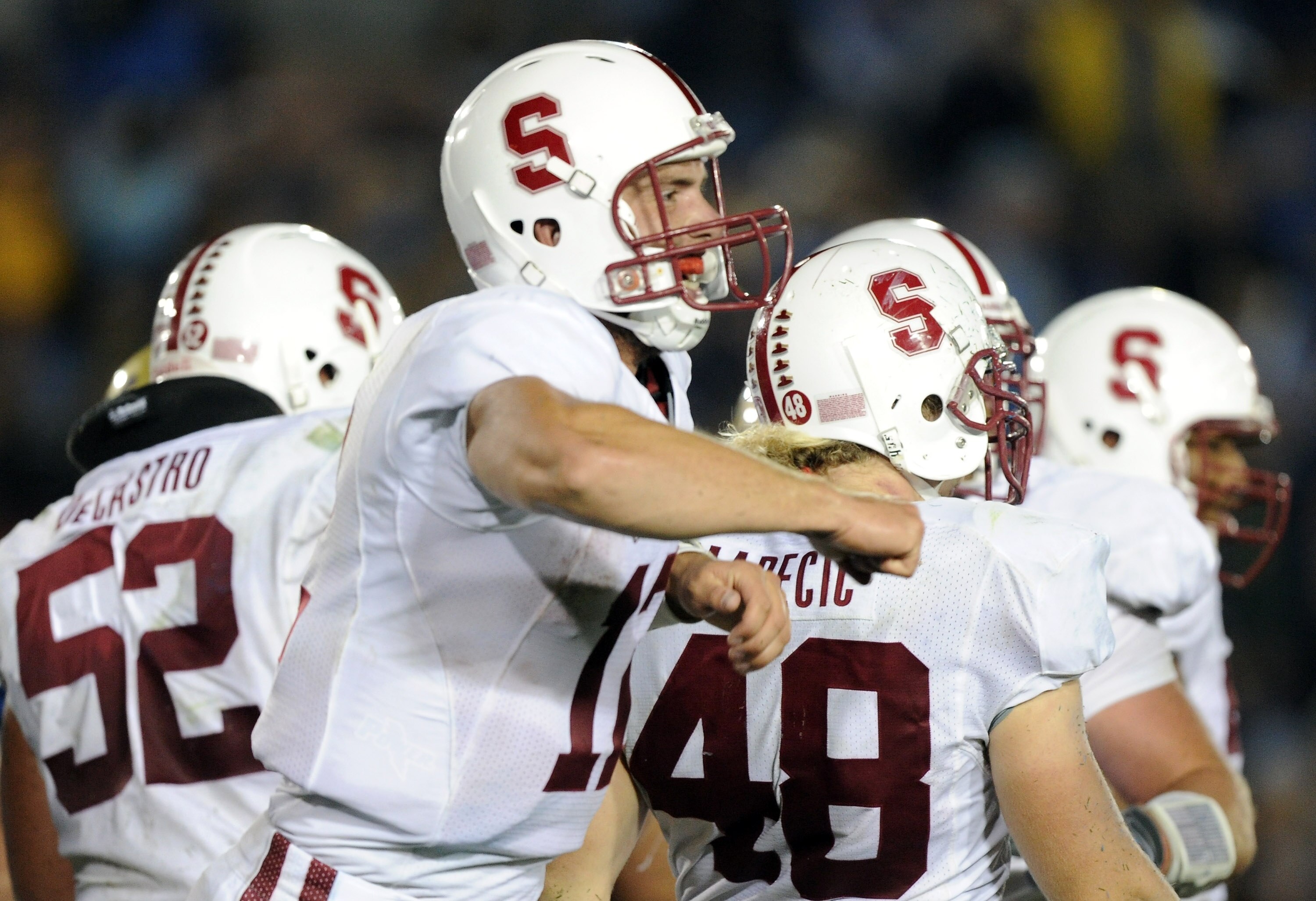 PASADENA, CA - SEPTEMBER 11:  Andrew Luck #12 of Stanford celebrates a touchdown for a 21-0 lead over UCLA during the third quarter at Rose Bowl on September 11, 2010 in Pasadena, California.  (Photo by Harry How/Getty Images)