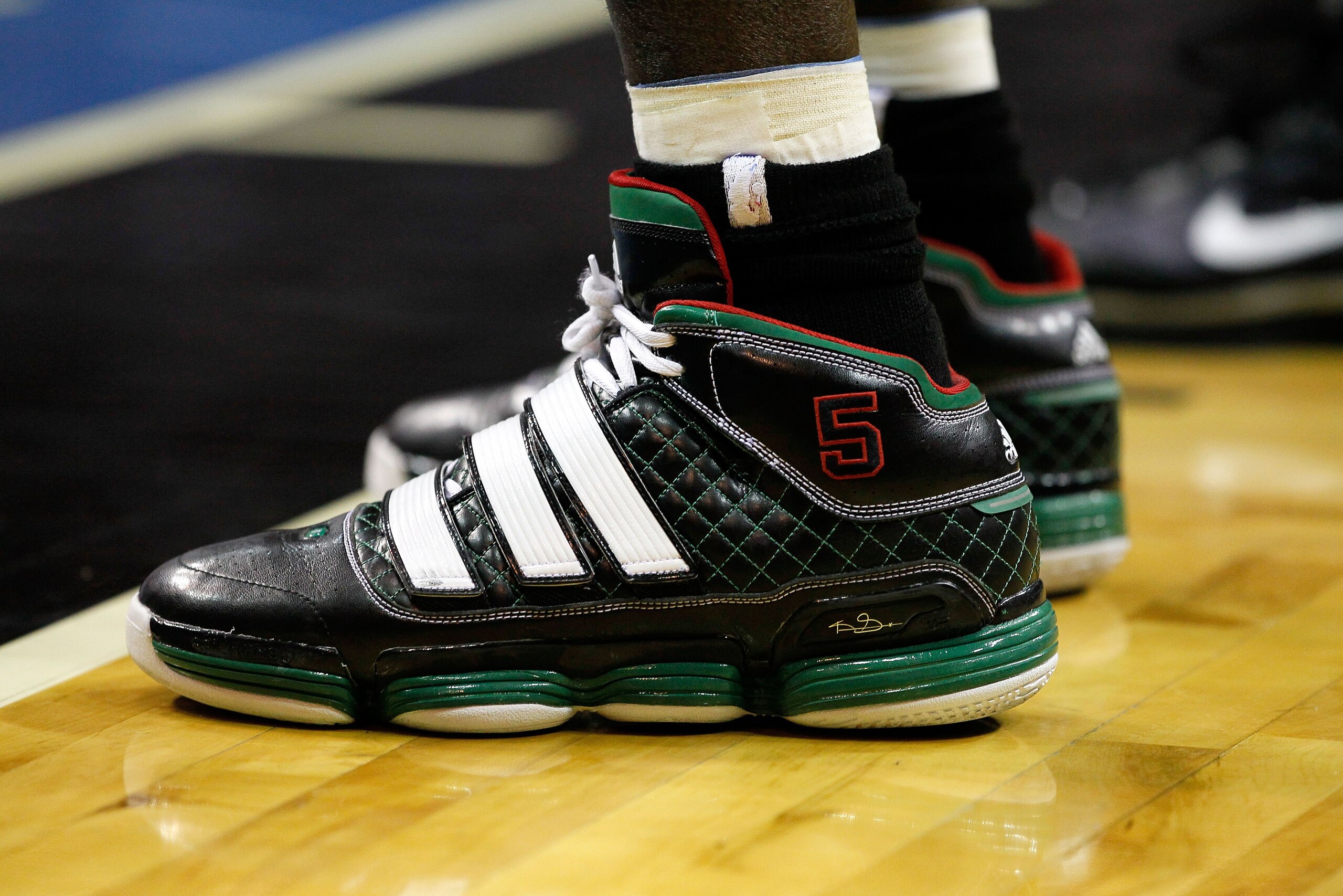 ORLANDO, FL - MAY 26:  A detail of adidas sneakers worn by Kevin Garnett #5 of the Boston Celtics against the Orlando Magic in Game Five of the Eastern Conference Finals during the 2010 NBA Playoffs at Amway Arena on May 26, 2010 in Orlando, Florida.  NOT