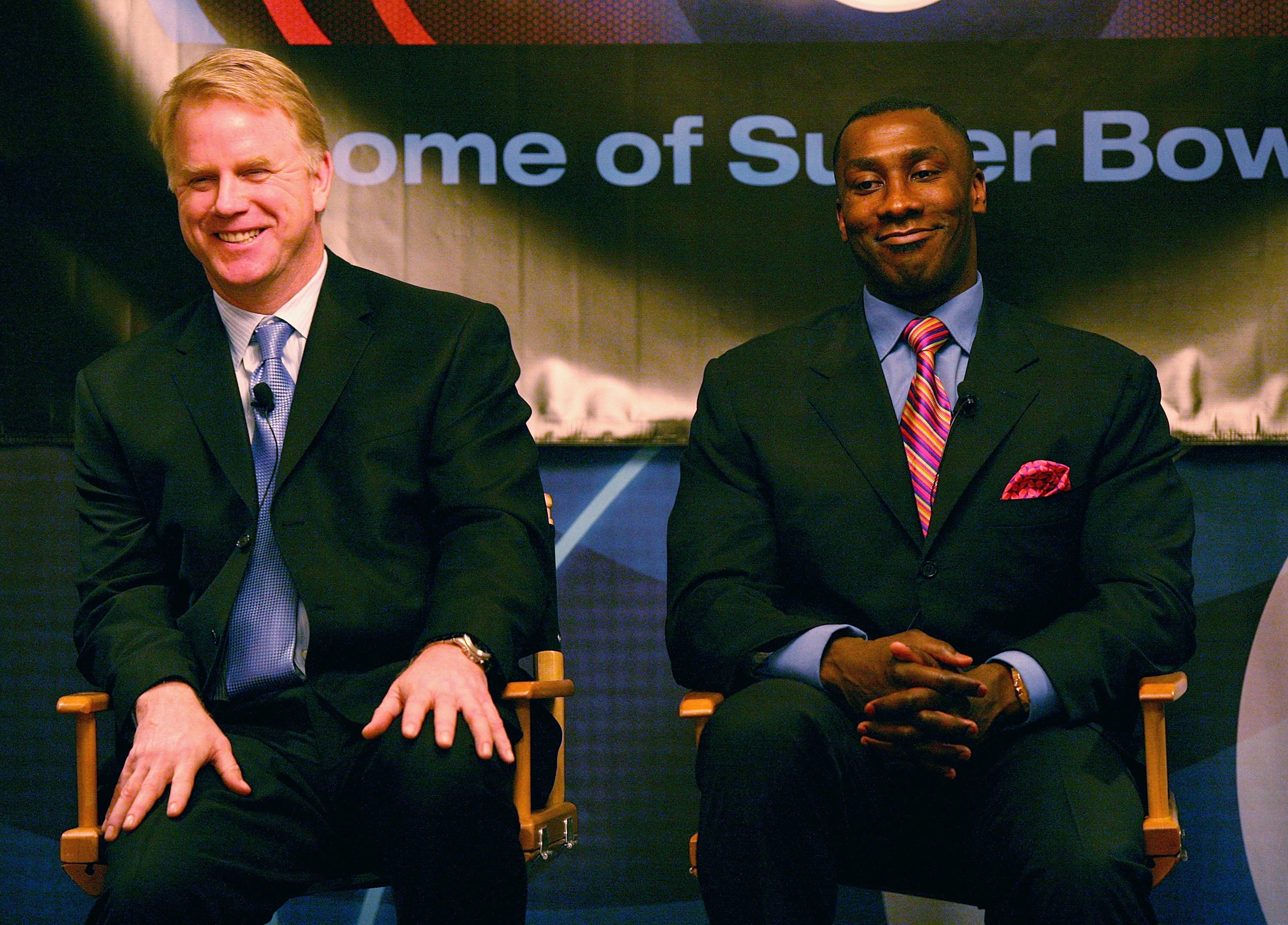 PASADENA, CA - JANUARY 18:  Analysts Boomer Esiason and Shannon Sharpe of 'NFL Today' speak during the 2007 Winter Television Critics Association Press Tour for CBS at the Ritz-Carlton Huntington Hotel on January 18, 2007 in Pasadena, California.  (Photo