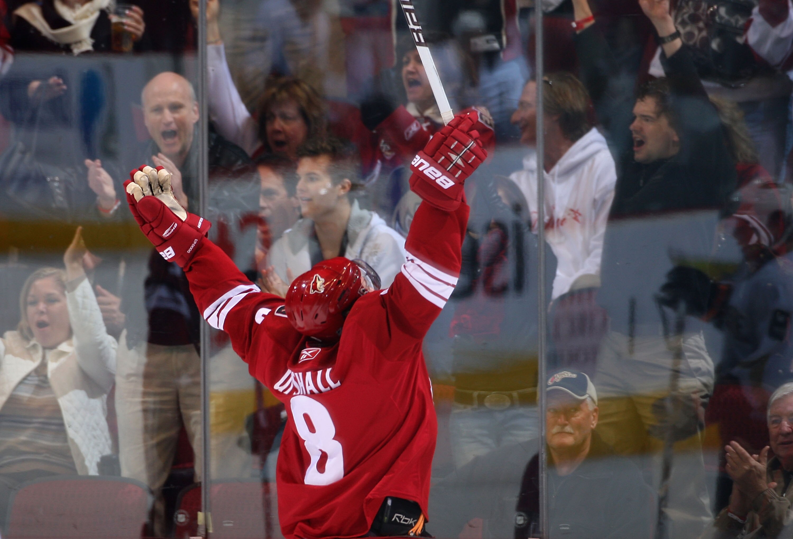 GLENDALE, AZ - DECEMBER 23:  Scottie Upshall #8 of the Phoenix Coyotes celebrates after scoring a first period goal against the Anaheim Ducks during the NHL game at Jobing.com Arena on December 23, 2009 in Glendale, Arizona. The Coyotes defeated the Ducks