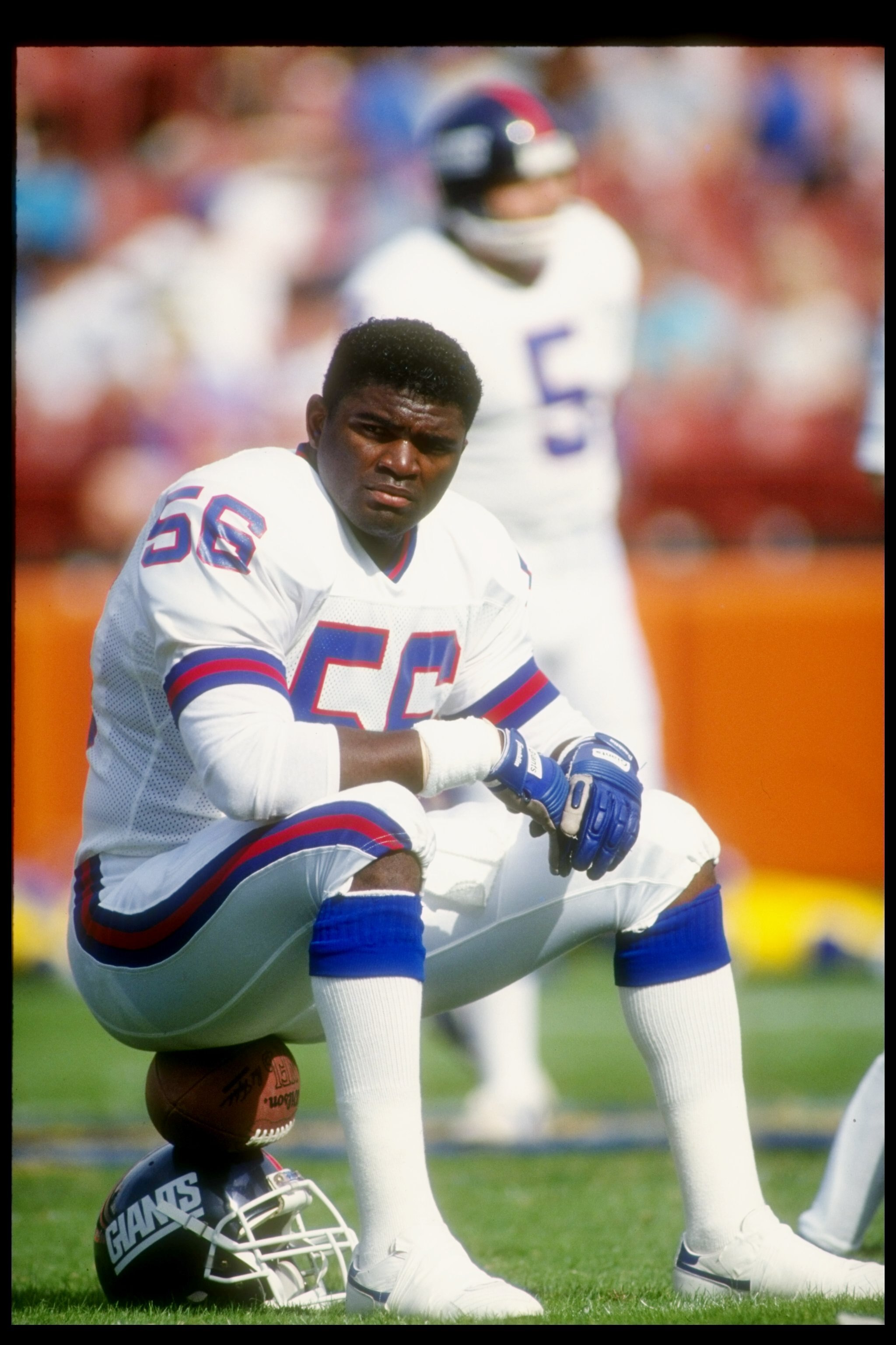 11 Nov 1990:  Linebacker Lawrence Taylor of the New York Giants looks on during a game against the Los Angeles Rams at Anaheim Stadium in Anaheim, California.  The Giants won the game, 31-7. Mandatory Credit: Mike Powell  /Allsport