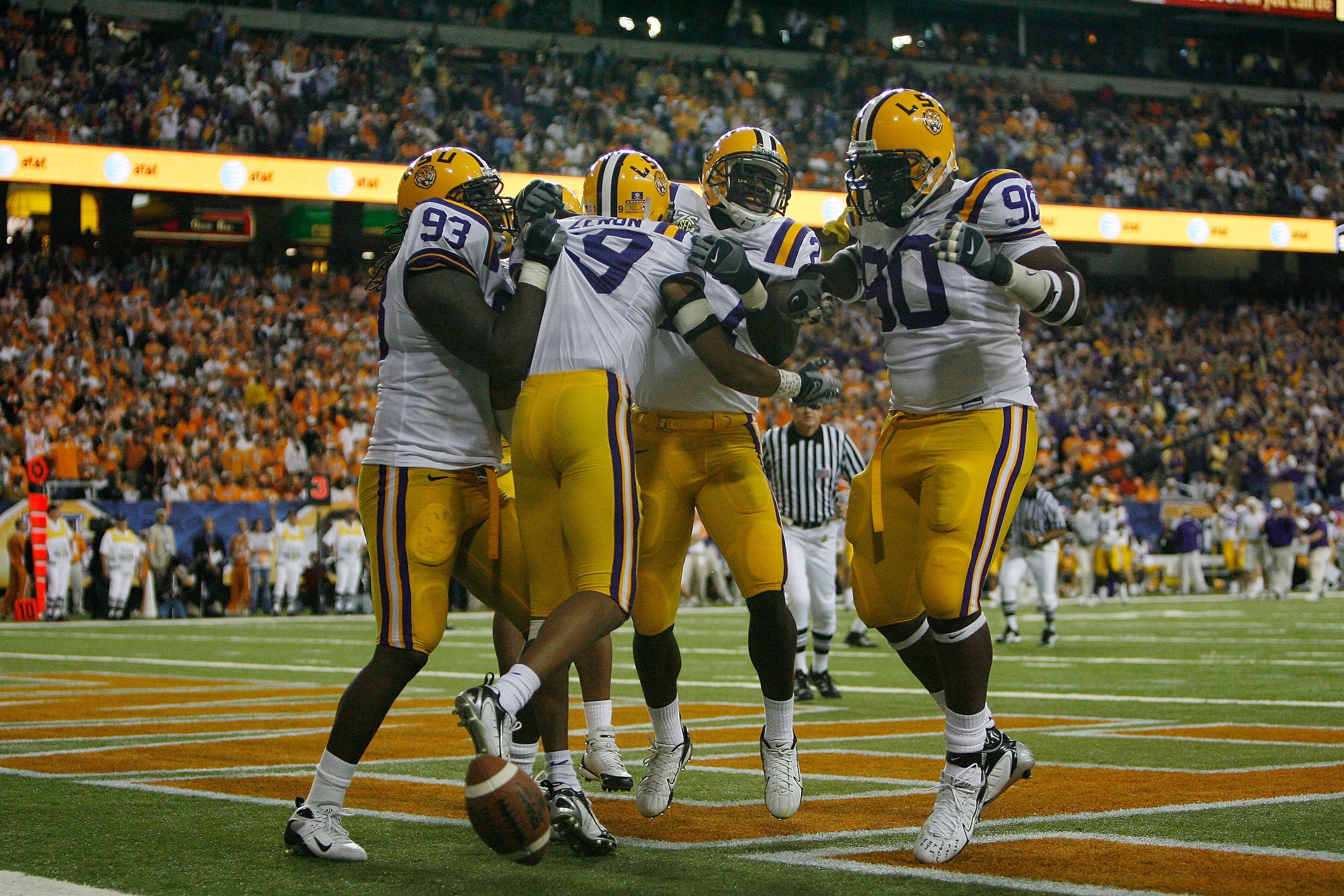 ATLANTA - DECEMBER 01: Jonathan Zenon #19 of the Louisiana State University Tigers celebrates after scoring a touchdown off an interception against the University of Tennessee Volunteers in the SEC Championship game on December 1, 2007 at the Georgia Dome