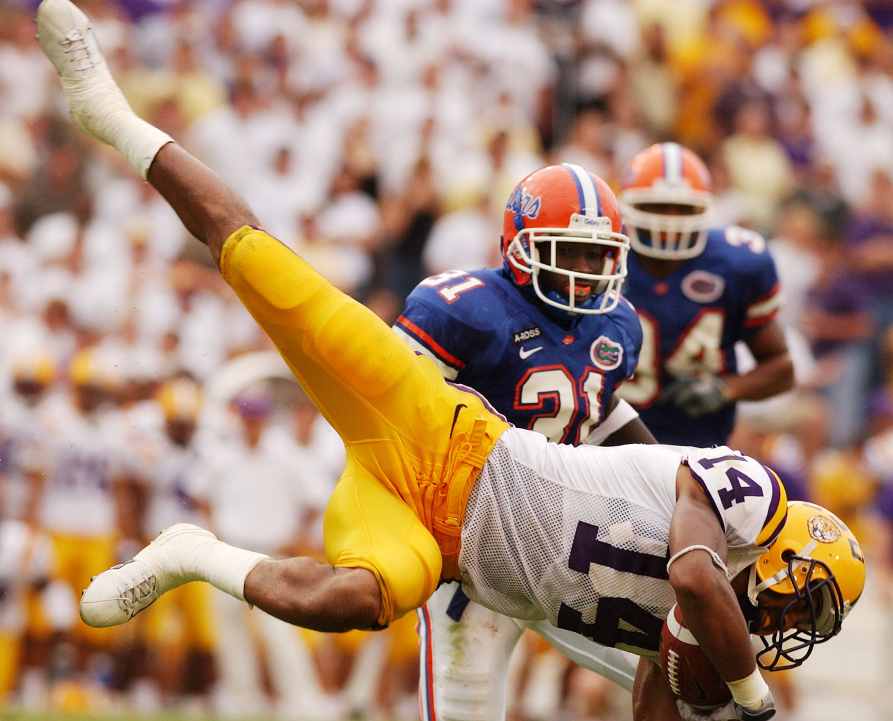 BATON ROUGE, LA - OCTOBER 11:  Michael Clayton  of the Louisiana State University Tigers makes a diving catch against the University of Florida Gators on October 11, 2003 at Tiger Stadium in Baton Rouge, Louisiana.  Florida would defeat LSU 19-7.  (Photo