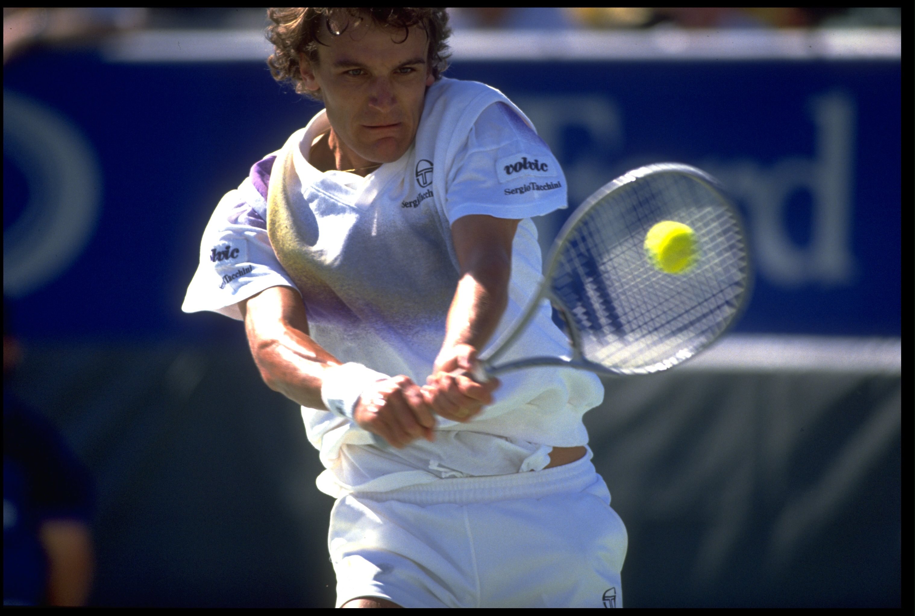 JAN 1990:  MATS WILANDER OF SWEDEN PLAYS A POWERFUL BACKHAND DURING A MATCH AT THE 1990 AUSTRALIAN OPEN HELD IN MELBOURNE.