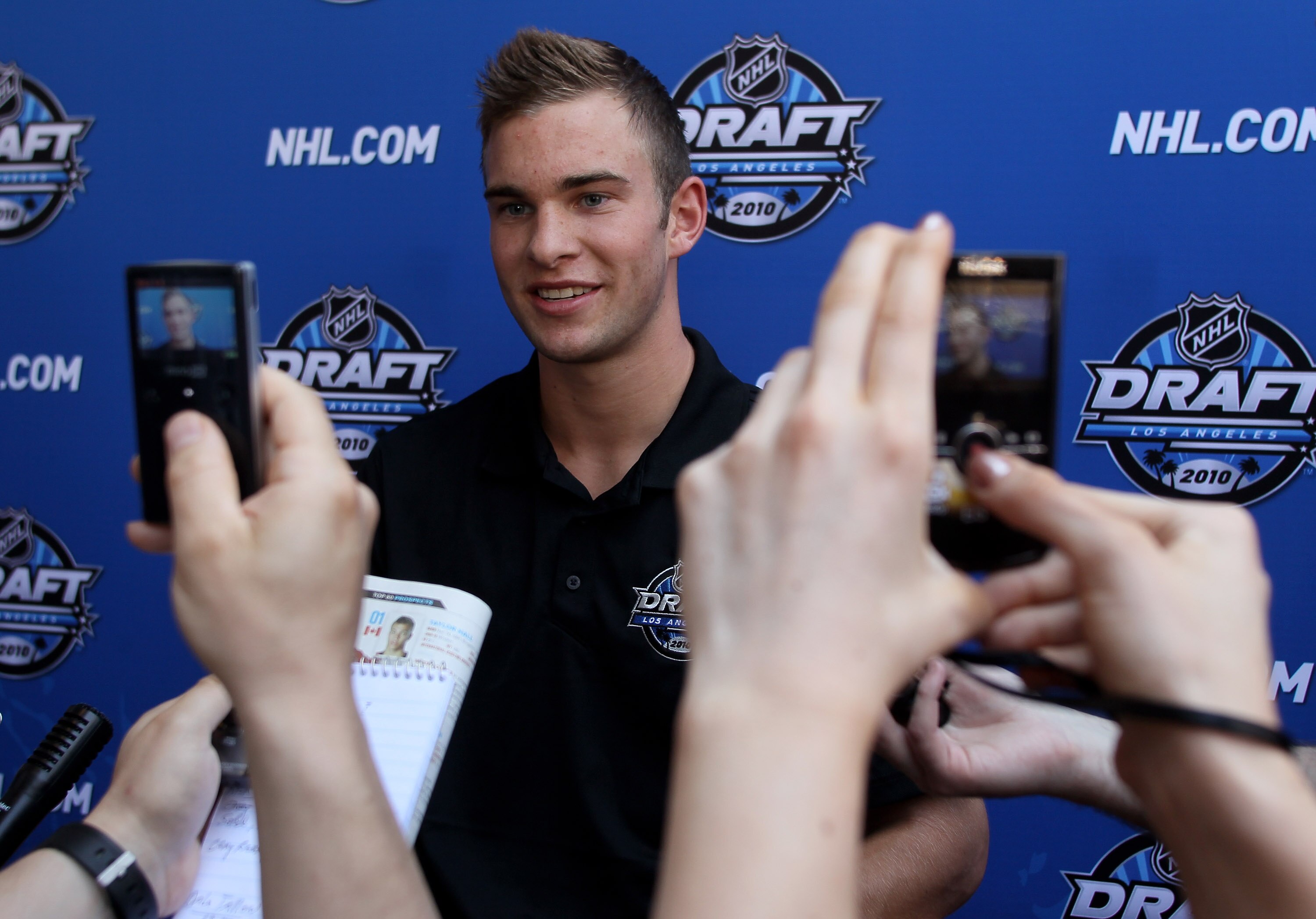 LOS ANGELES, CA - JUNE 24:  Jack Campbell is interviewed by members of the media during NHL top prospect media availibilty prior to the start of the 2010 NHL Draft outside Staples Center on June 24, 2010 in Los Angeles, California.  (Photo by Jeff Gross/G