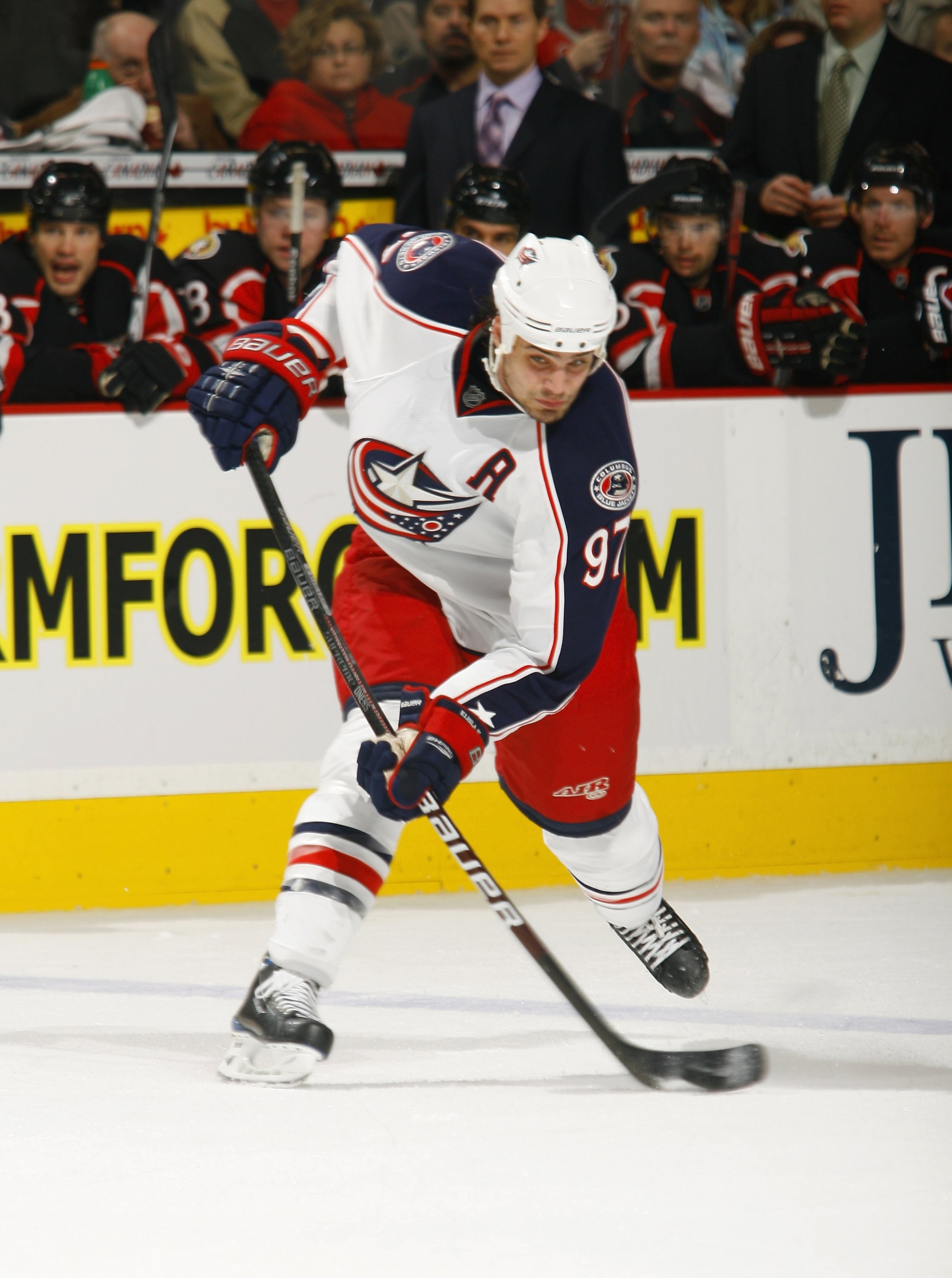 OTTAWA - NOVEMBER 26:  Rostislav Klesla #97 of the Columbus Blue Jackets shoots from the point against the Ottawa Senators during their game at Scotiabank Place on November 26, 2009 in Ottawa, Ontario, Canada. The Senators defeated the Blue Jackets 2-1. (