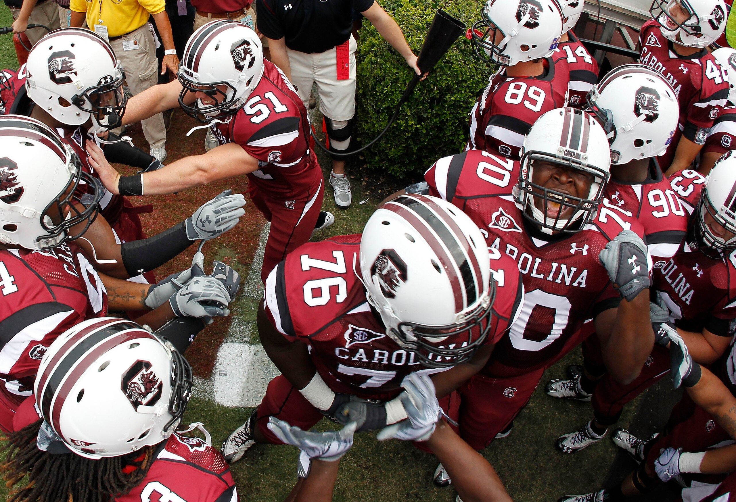 COLUMBIA, SC - SEPTEMBER 11: Overhead shot of the South Carolina Gamecocks getting mentally ready prior to introductions before the game against the Georgia Bulldogs at Williams-Brice Stadium on September 11, 2010 in Columbia, South Carolina. The Gamecock