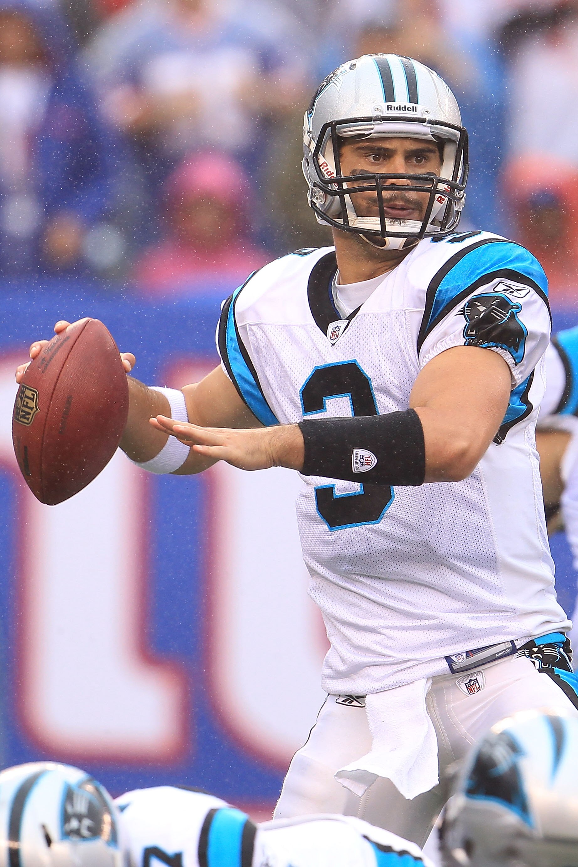 EAST RUTHERFORD, NJ - SEPTEMBER 12:  Matt Moore #3 of the Carolina Panthers looks to pass against the New York Giants during the NFL season opener at New Meadowlands Stadium on September 12, 2010 in East Rutherford, New Jersey.  (Photo by Chris McGrath/Ge