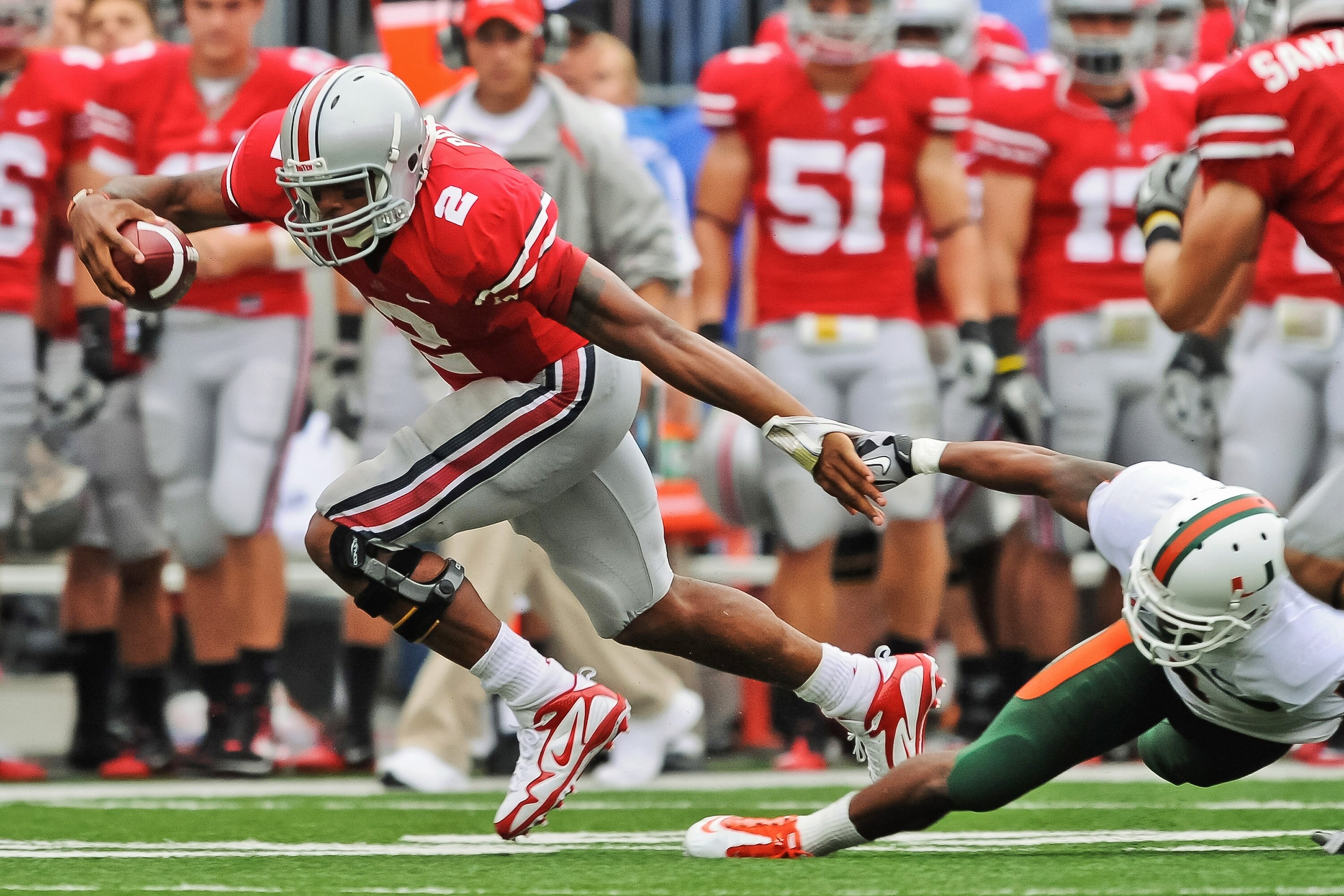 COLUMBUS, OH - SEPTEMBER 11:  Quarterback Terrelle Pryor #2 of the Ohio State Buckeyes runs with the ball against the Miami Hurricanes at Ohio Stadium on September 11, 2010 in Columbus, Ohio.  (Photo by Jamie Sabau/Getty Images)