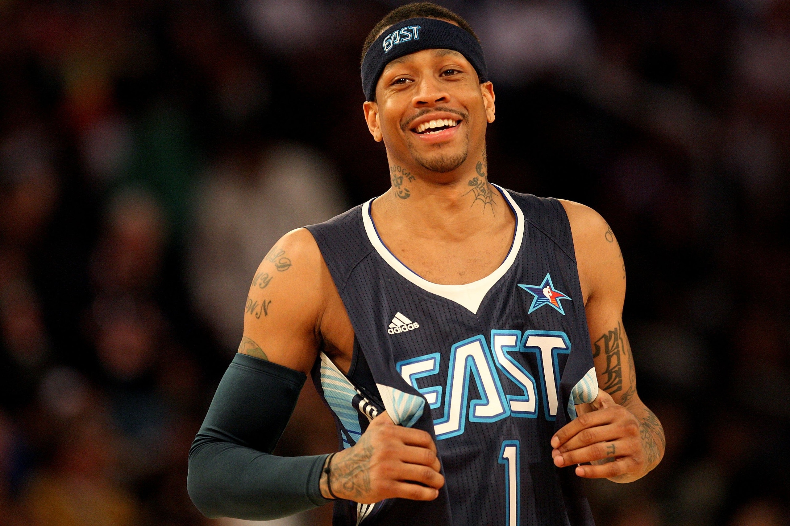 PHOENIX - FEBRUARY 15:  Allen Iverson #1 of the Eastern Conference smiles during the 58th NBA All-Star Game, part of 2009 NBA All-Star Weekend at US Airways Center on February 15, 2009 in Phoenix, Arizona.  NOTE TO USER: User expressly acknowledges and ag