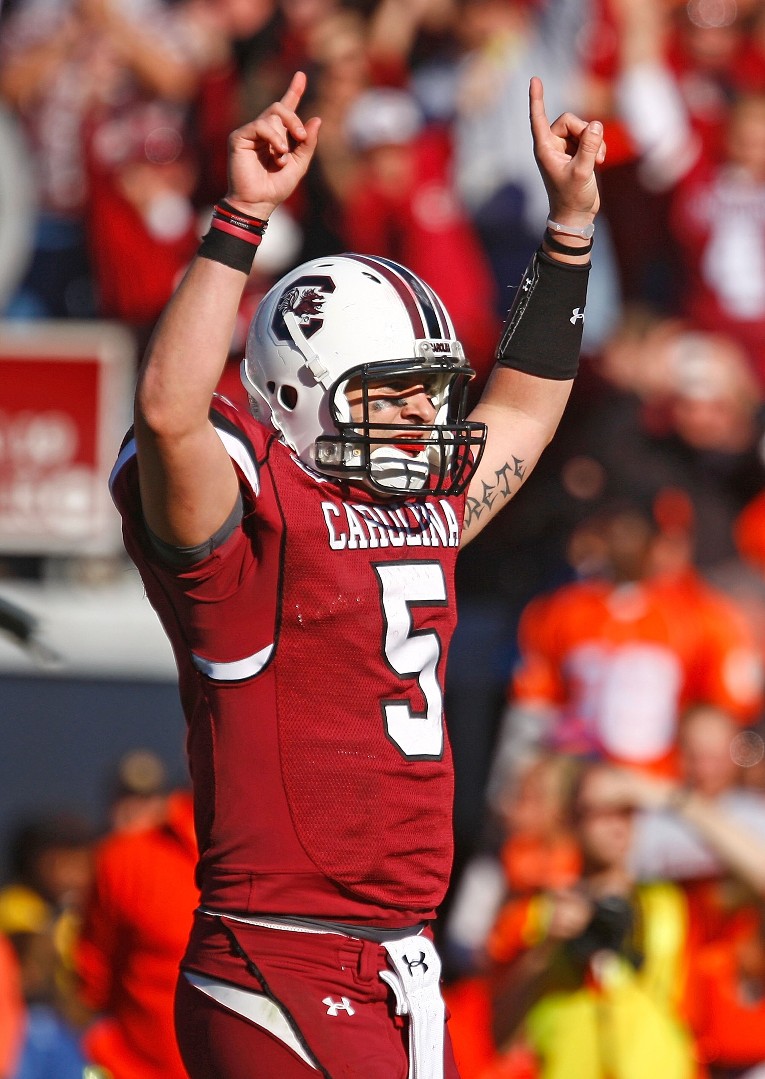 COLUMBIA, SC - NOVEMBER 28:  Stephen Garcia #5 of the South Carolina Gamecocks celebrates a second half touchdown against the Clemson Tigers at Williams-Brice Stadium on November 28, 2009 in Columbia, South Carolina.  (Photo by Scott Halleran/Getty Images