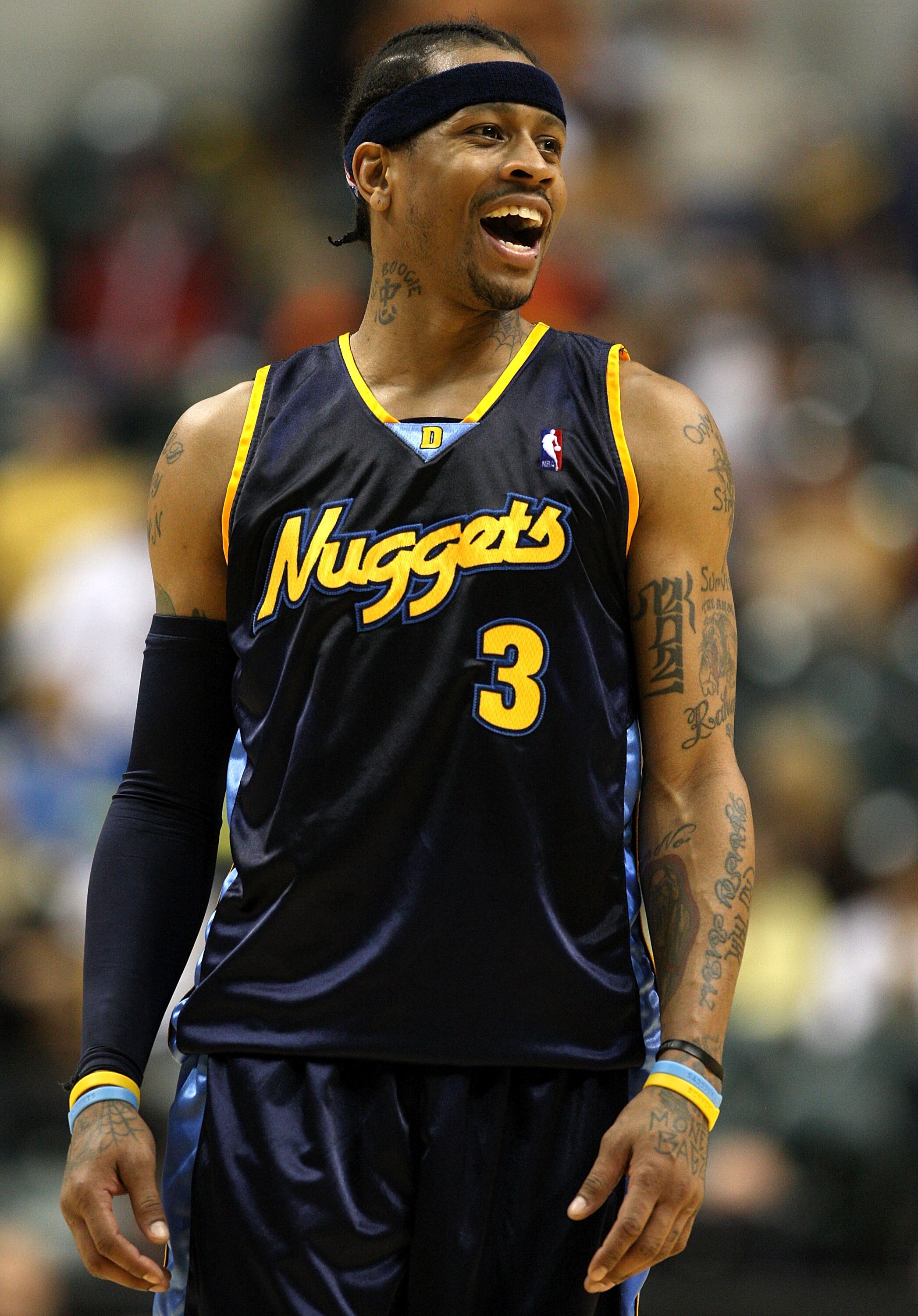 INDIANAPOLIS - NOVEMBER 10:  Allen Iverson #3 of the Denver Nuggets celebrates in the final minute of the NBA game against the Indiana Pacers at Conseco Fieldhouse November 10, 2007 in Indianapolis, Indiana. The Nuggets won 113-106. NOTE TO USER: User exp