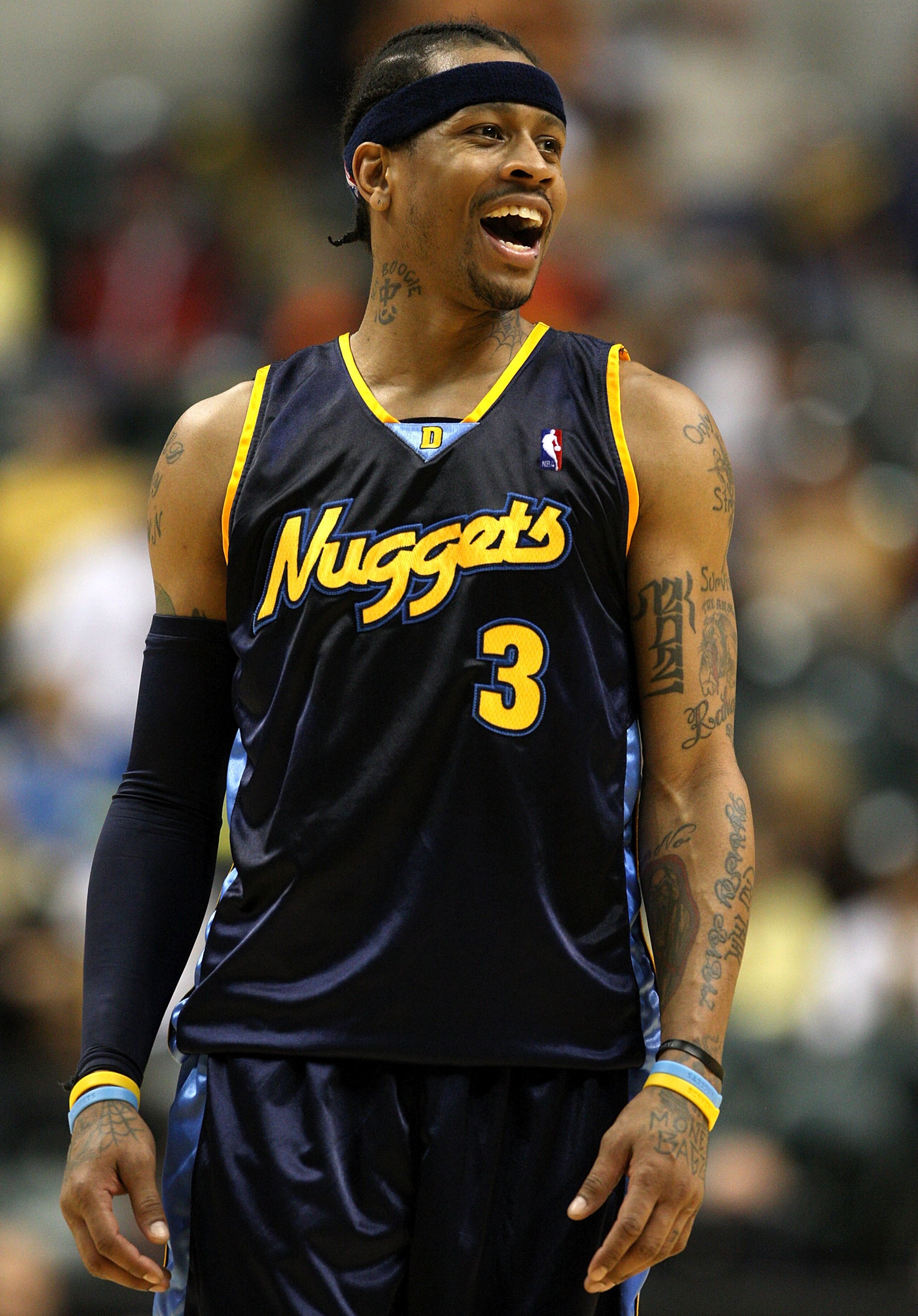 INDIANAPOLIS - NOVEMBER 10:  Allen Iverson #3 of the Denver Nuggets celebrates in the final minute of the NBA game against the Indiana Pacers at Conseco Fieldhouse November 10, 2007 in Indianapolis, Indiana. The Nuggets won 113-106. NOTE TO USER: User exp