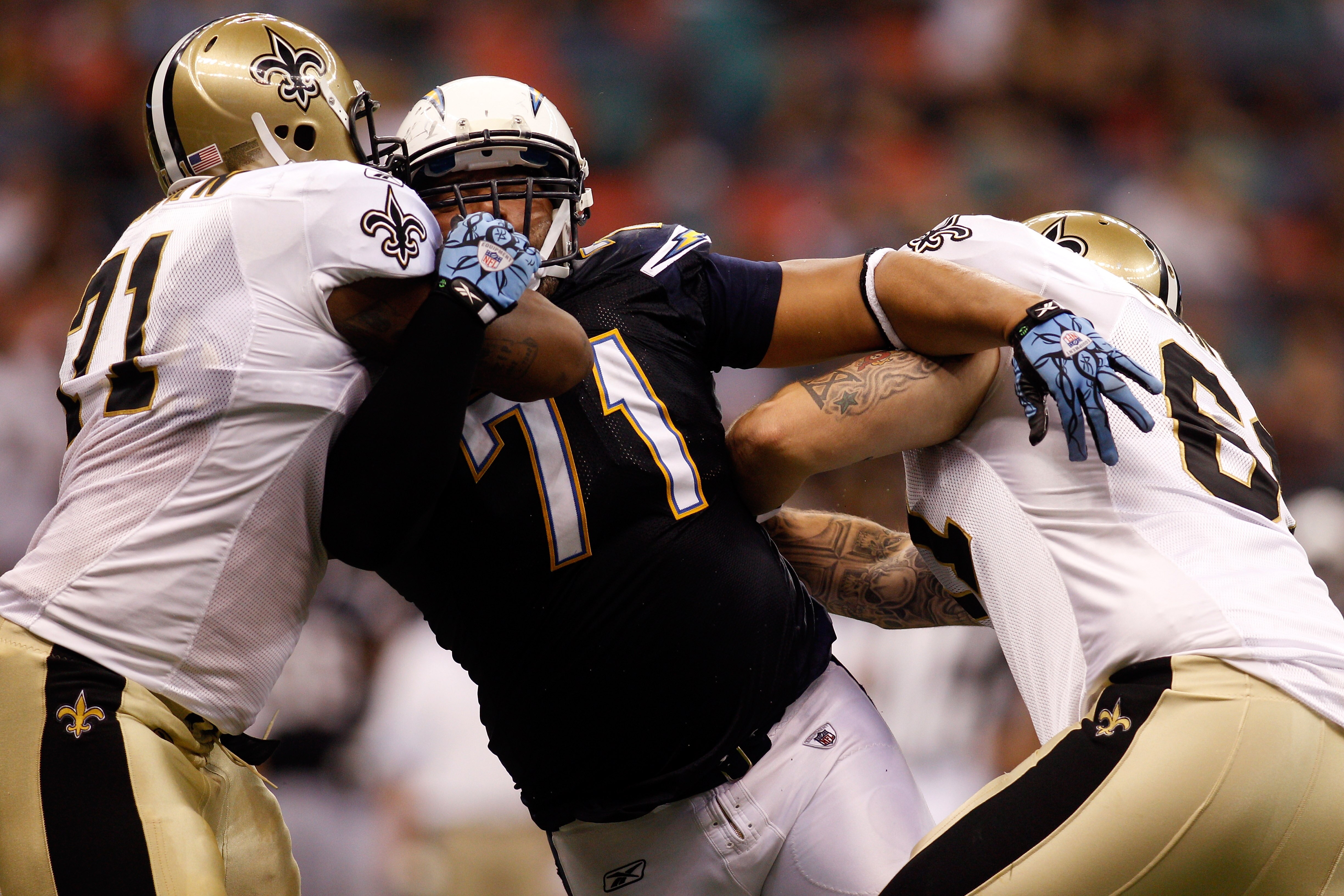 NEW ORLEANS - AUGUST 27:  Antonio Garay #71 of the San Diego Chargers in action against the New Orleans Saints at the Louisiana Superdome on August 27, 2010 in New Orleans, Louisiana.  (Photo by Chris Graythen/Getty Images)