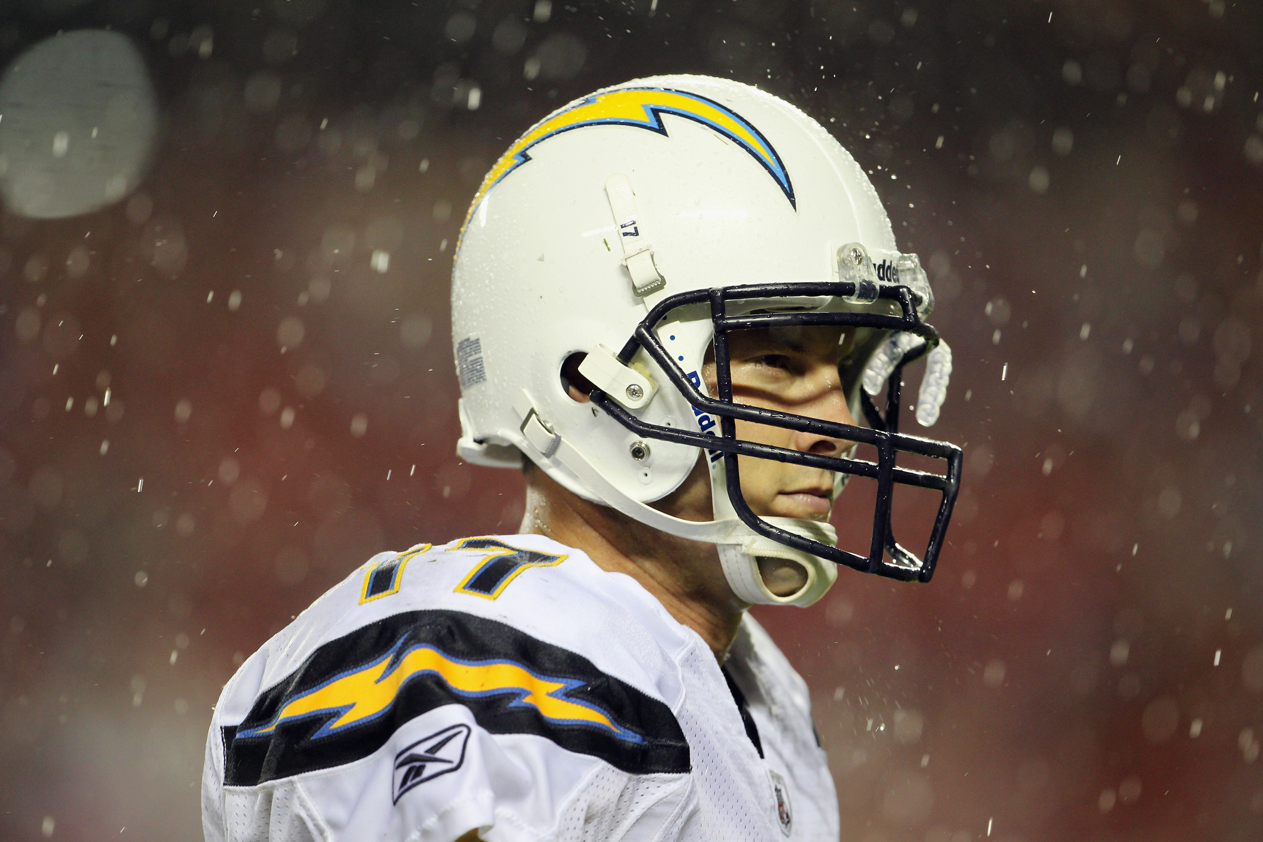 KANSAS CITY, MO - SEPTEMBER 13:  Quarterback Philip Rivers #17 of the San Diego Chargers walks off the field at halftime in the rain during the game against the Kansas City Chiefs on September 13, 2010 at Arrowhead Stadium in Kansas City, Missouri.  (Phot