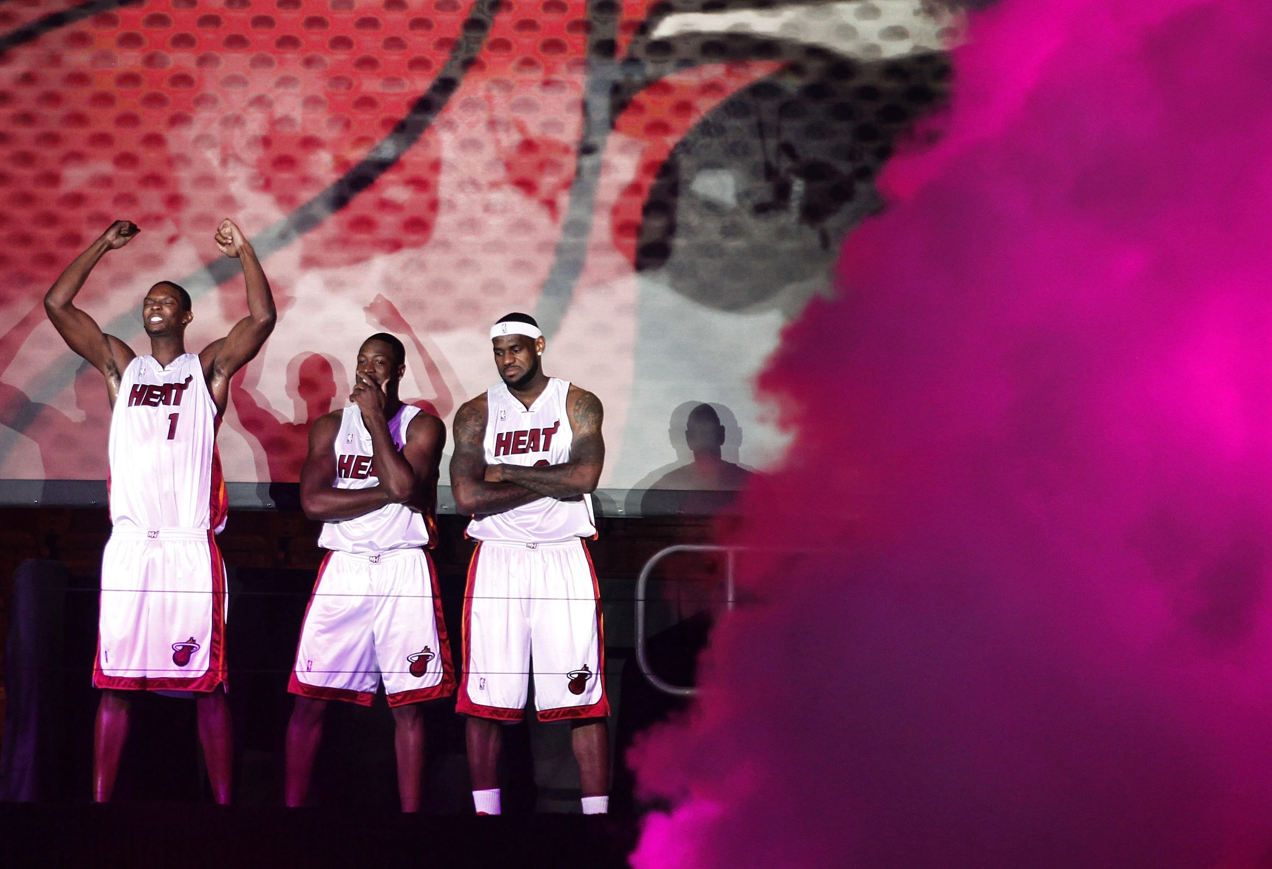 MIAMI - JULY 09: (L-R) Chris Bosh #1, Dwyane Wade #3, and LeBron James #6 of the Miami Heat are introduced during a welcome party at American Airlines Arena on July 9, 2010 in Miami, Florida. (Photo by Marc Serota/Getty Images) MIAMI - JULY 09: (L-R) Chris Bosh #1, Dwyane Wade #3, and LeBron James #6 of the Miami Heat are introduced during a welcome party at American Airlines Arena on July 9, 2010 in Miami, Florida. (Photo by Marc Serota/Getty Images)