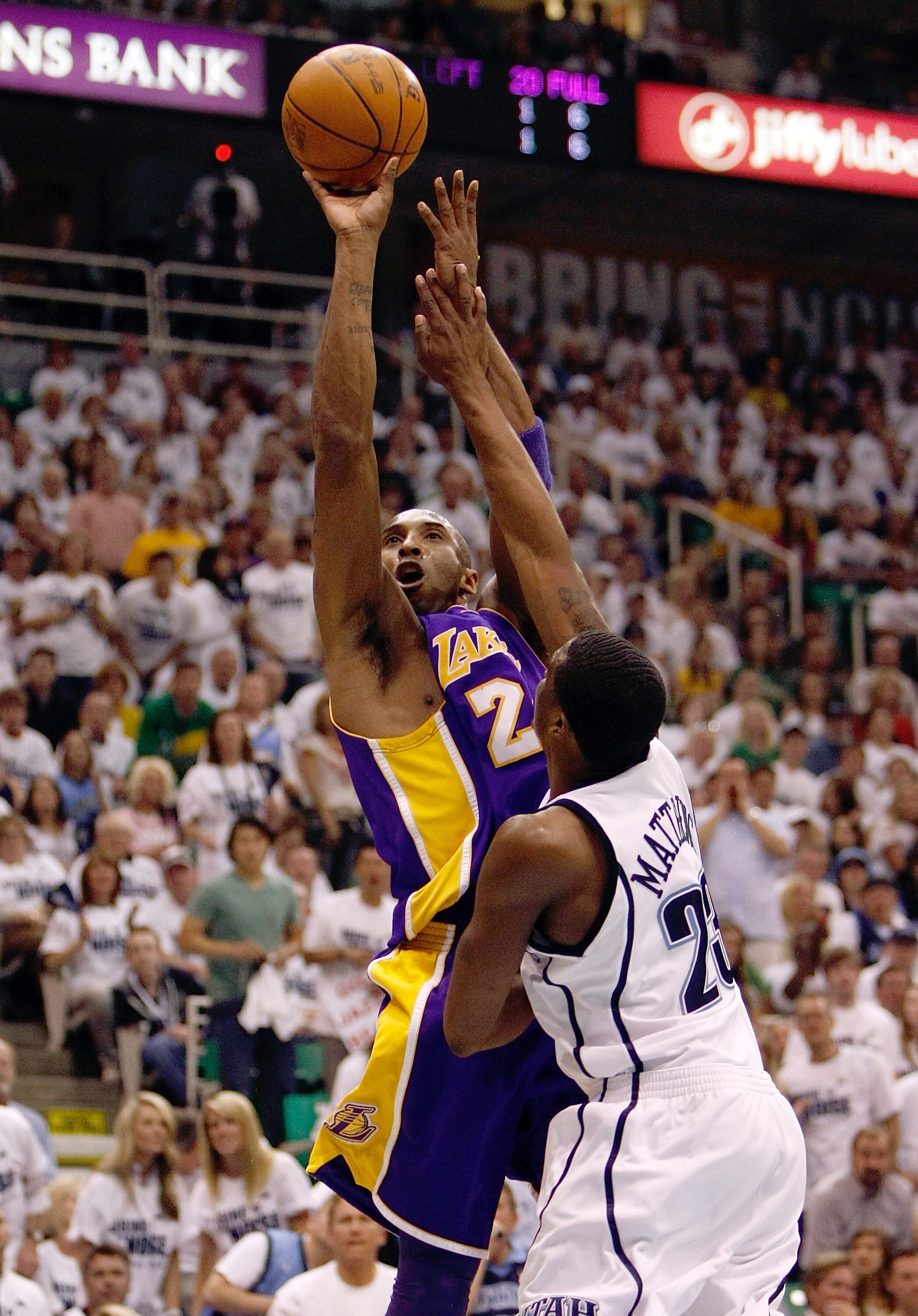 SALT LAKE CITY - MAY 08:  Kobe Bryant #24 of the Los Angeles Lakers shoots over Wesley Matthews #23 of the Utah Jazz during Game Three of the Western Conference Semifinals of the 2010 NBA Playoffs on May 8, 2010 at Energy Solutions Arena in Salt Lake City