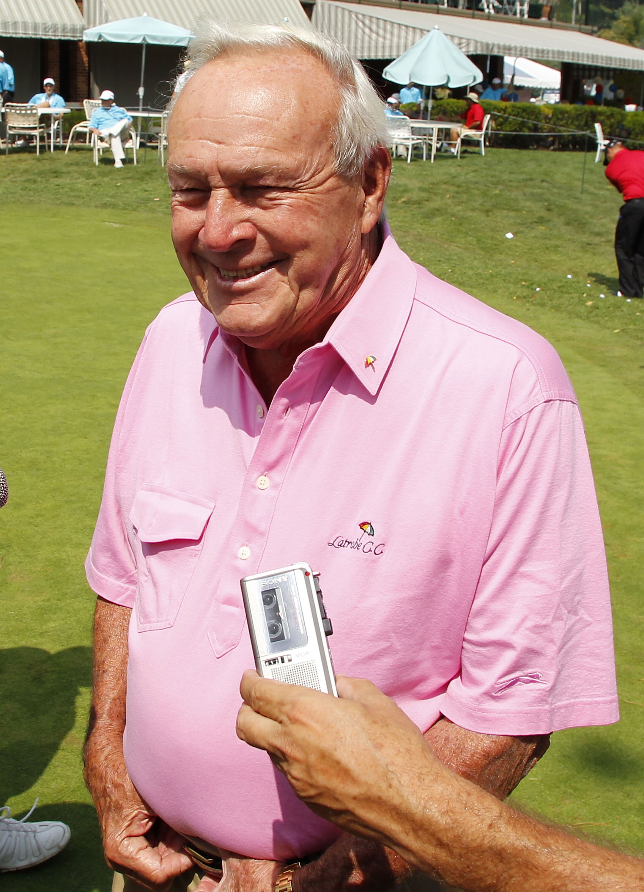 CANONSBURG, PA - SEPTEMBER 03:  Arnold Palmer talks to the media prior to watching his grandson Sam Saunders play during the second round of the Mylan Classic presented by CONSOL Energy at Southpointe Golf Club on September 3, 2010 in Canonsburg, Pennsilv