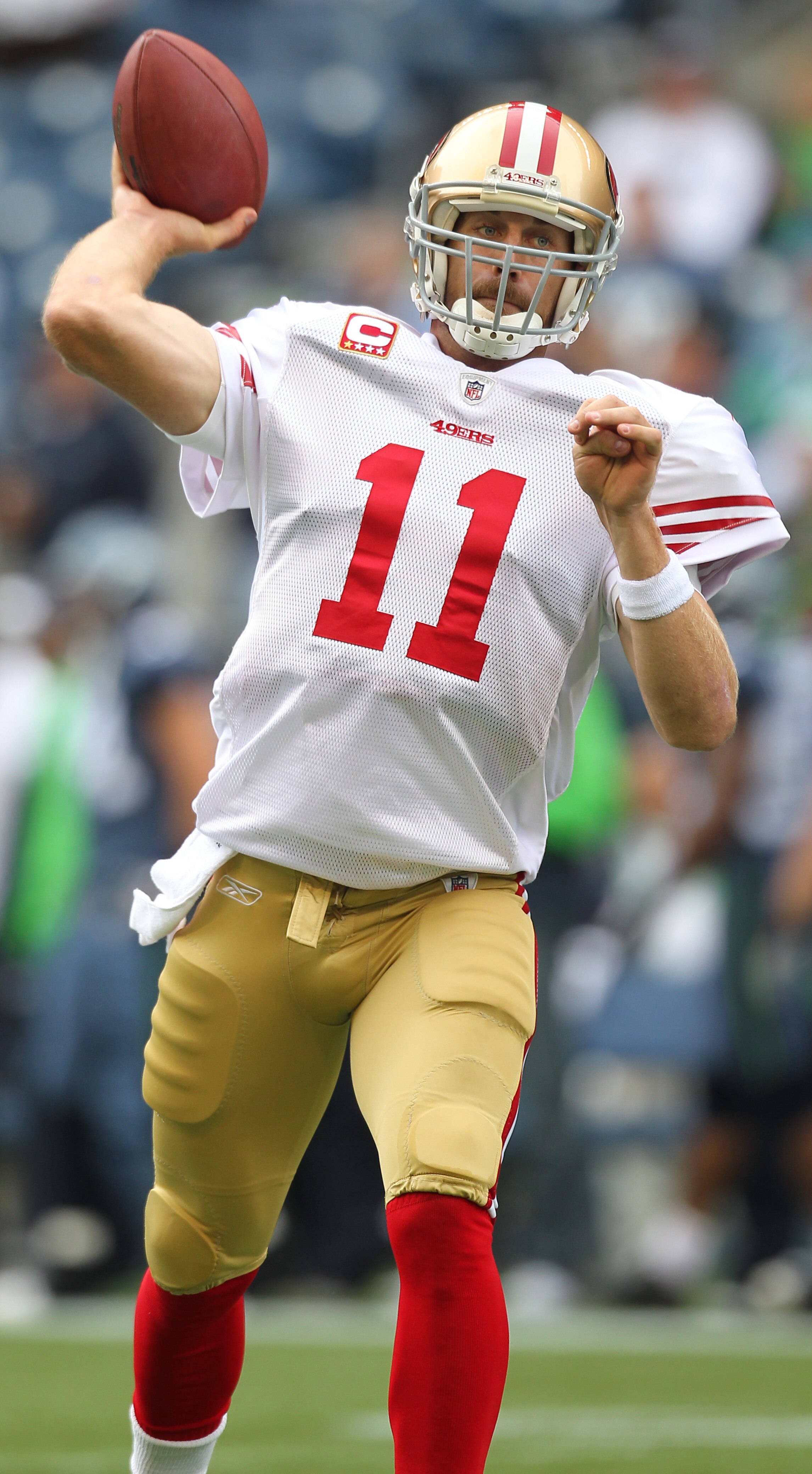SEATTLE - SEPTEMBER 12:  Quarterback Alex Smith #11 of the San Francisco 49ers warms up prior to the NFL season opener against the Seattle Seahawks at Qwest Field on September 12, 2010 in Seattle, Washington. (Photo by Otto Greule Jr/Getty Images)