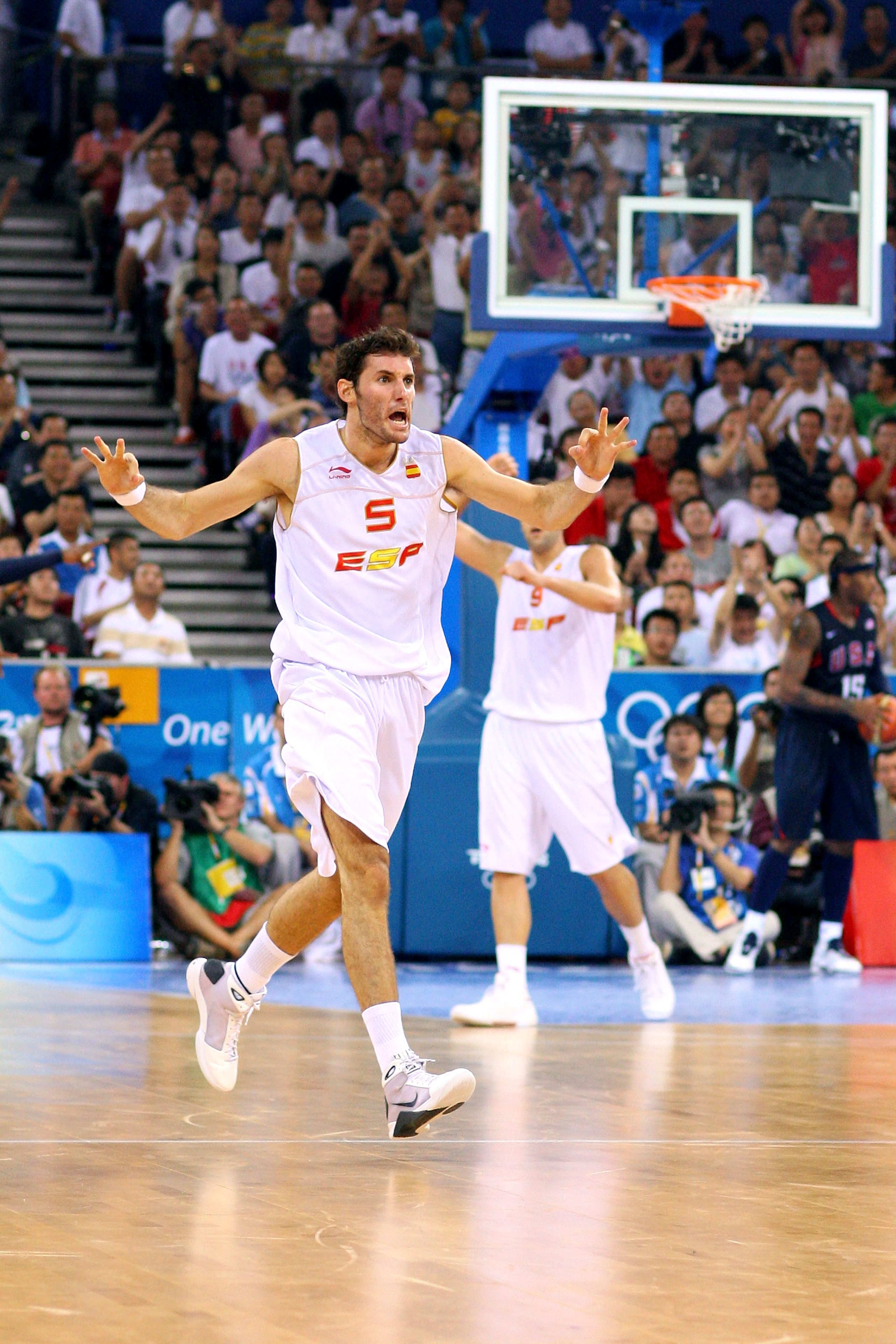 BEIJING - AUGUST 24:  Rudy Fernandez #5 of Spain reacts in the gold medal game against the United States during Day 16 of the Beijing 2008 Olympic Games at the Beijing Olympic Basketball Gymnasium on August 24, 2008 in Beijing, China.  (Photo by Phil Walt