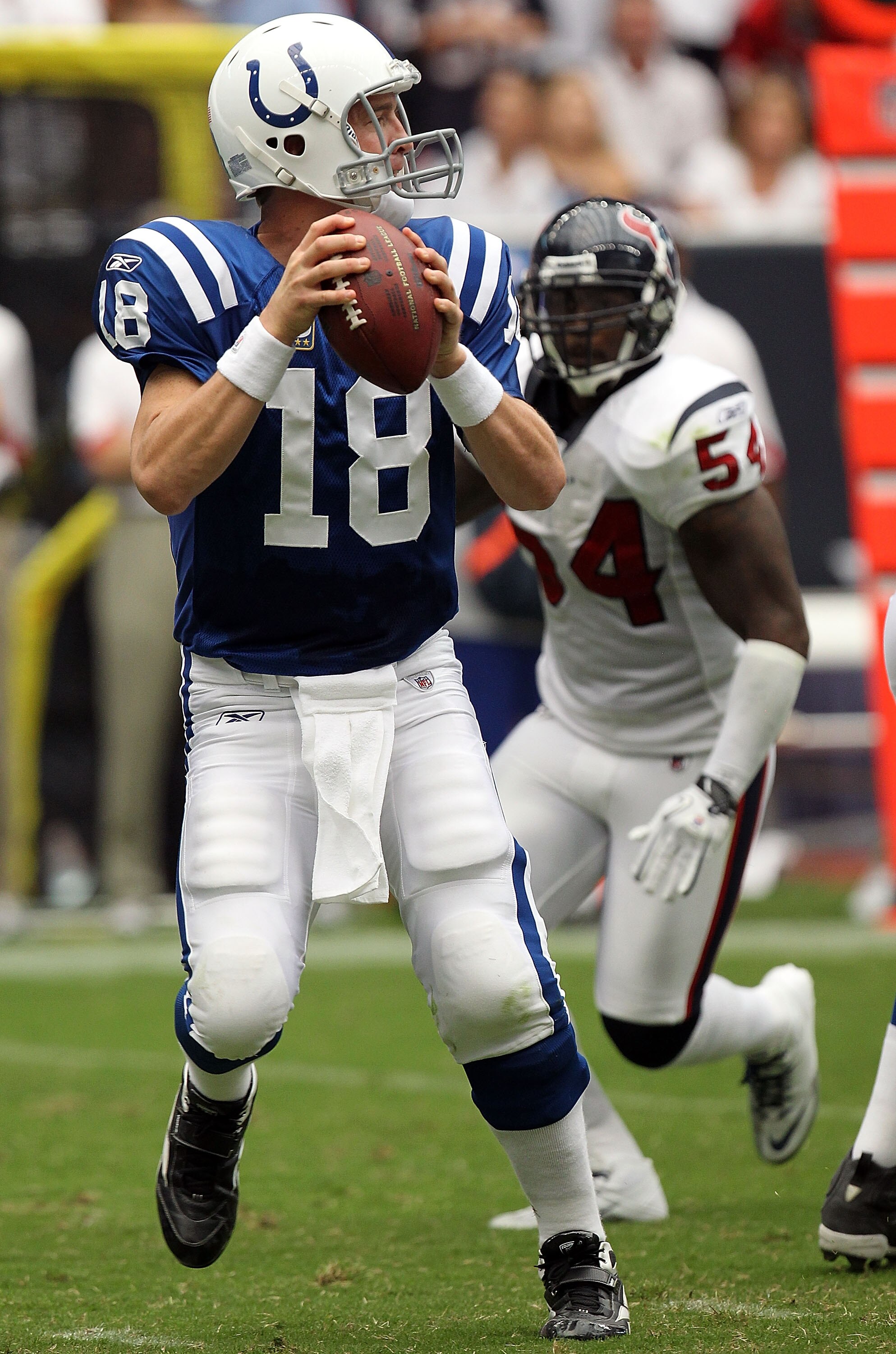 HOUSTON - SEPTEMBER 12:  Quarterback Peyton Manning #18 of the Indianapolis Colts in the NFL season opener against the Houston Texans at Reliant Stadium on September 12, 2010 in Houston, Texas.  (Photo by Ronald Martinez/Getty Images)