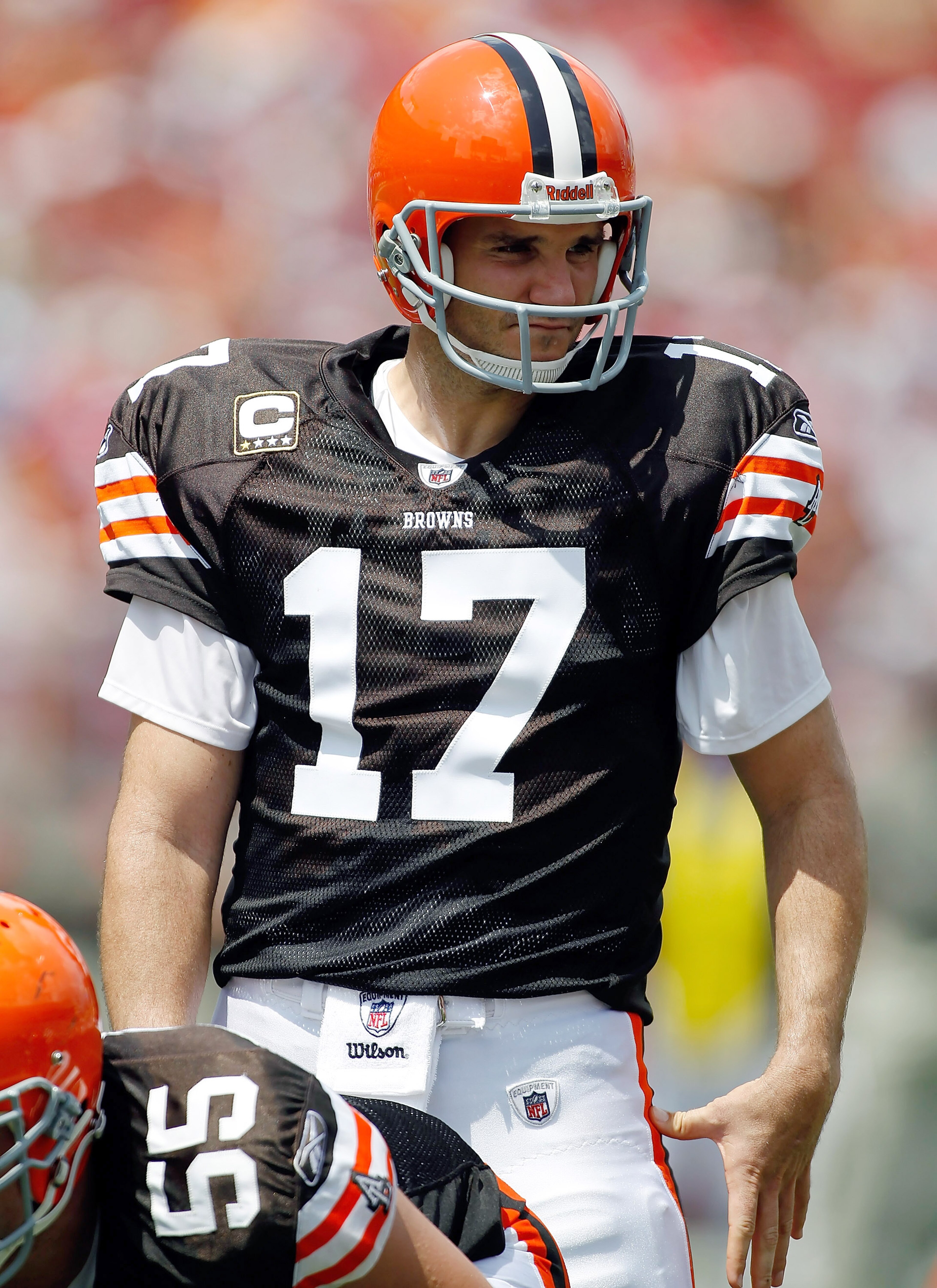 TAMPA, FL - SEPTEMBER 12: Quarterback Jake Delhomme #17 of the Cleveland Browns lines up against the Tampa Bay Buccaneers during the NFL season opener game at Raymond James Stadium on September 12, 2010 in Tampa, Florida. (Photo by J. Meric/Getty Images TAMPA, FL - SEPTEMBER 12: Quarterback Jake Delhomme #17 of the Cleveland Browns lines up against the Tampa Bay Buccaneers during the NFL season opener game at Raymond James Stadium on September 12, 2010 in Tampa, Florida. (Photo by J. Meric/Getty Images