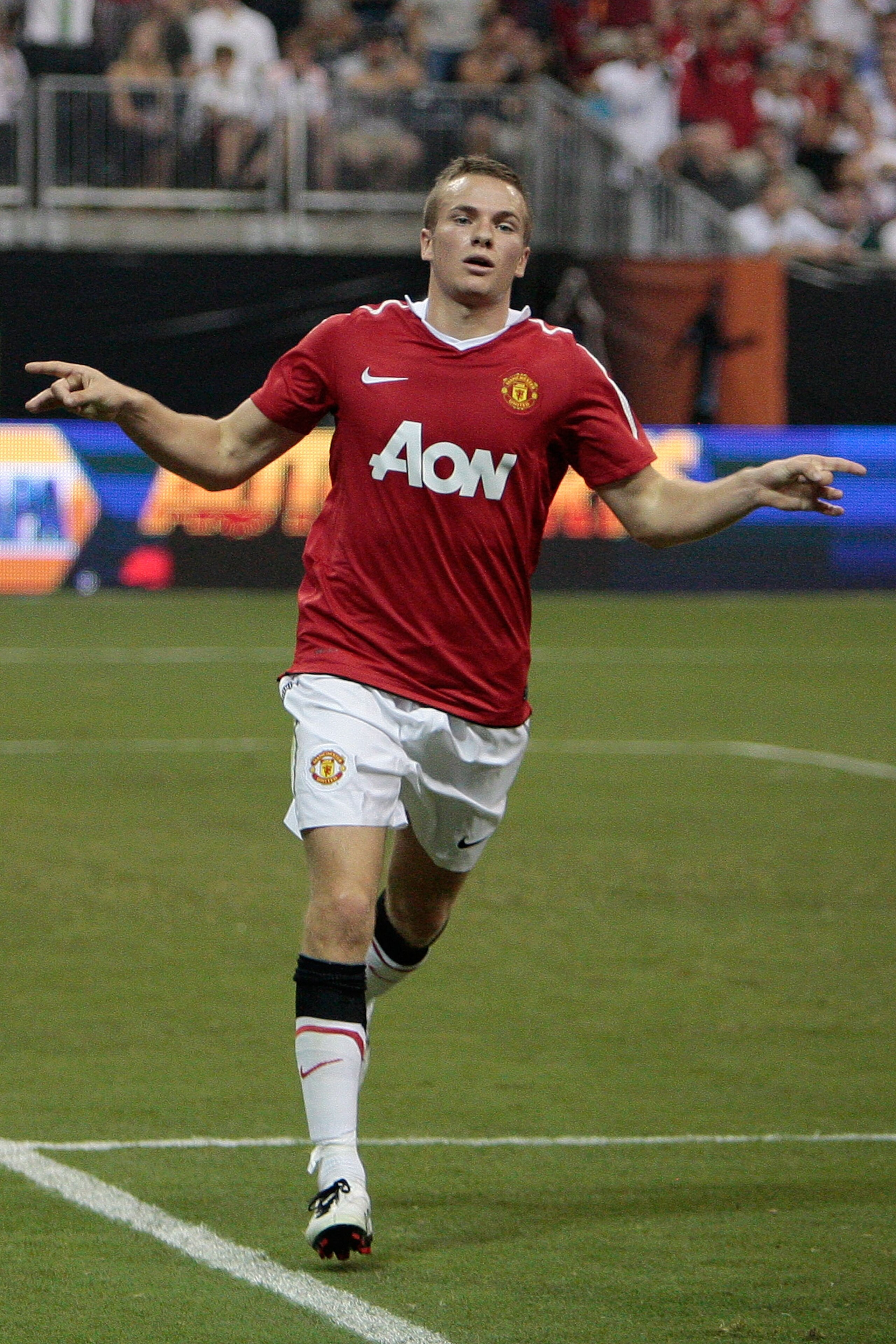 HOUSTON - JULY 28:  Tom Cleverley #35 of Manchester United celebrates a goal in the second half of the MLS All Star Game at Reliant Stadium on July 28, 2010 in Houston, Texas.  (Photo by Bob Levey/Getty Images)