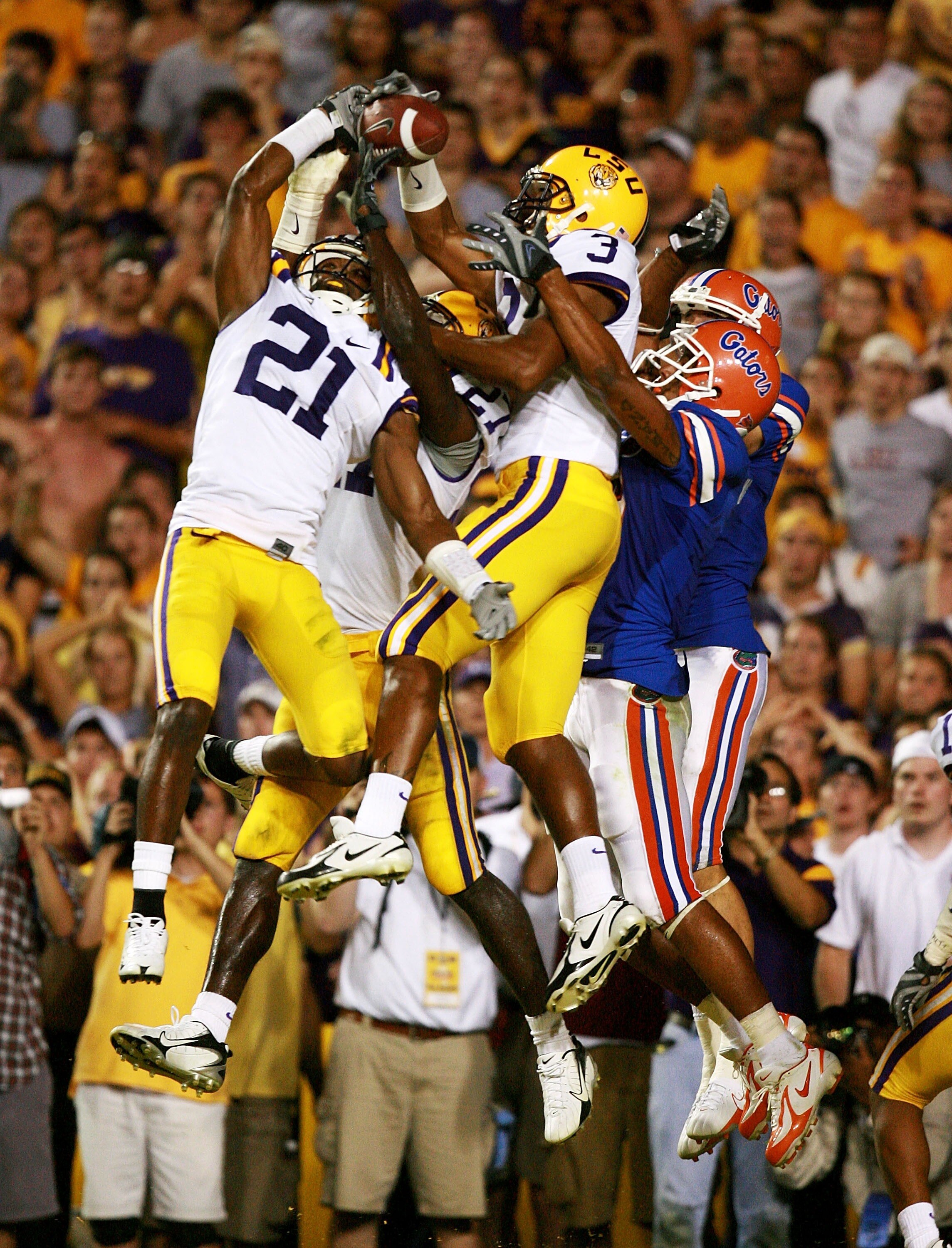 BATON ROUGE, LA - OCTOBER 06: Defensive backs Chevis Jackson #21 and Chad Jones #3 of the LSU Tigers knock down a last second hail-mary attempt by quarterback Tim Tebow #15 of the Florida Gators at Tiger Stadium on October , 2007 in Baton Rouge, Louisian BATON ROUGE, LA - OCTOBER 06: Defensive backs Chevis Jackson #21 and Chad Jones #3 of the LSU Tigers knock down a last second hail-mary attempt by quarterback Tim Tebow #15 of the Florida Gators at Tiger Stadium on October , 2007 in Baton Rouge, Louisian