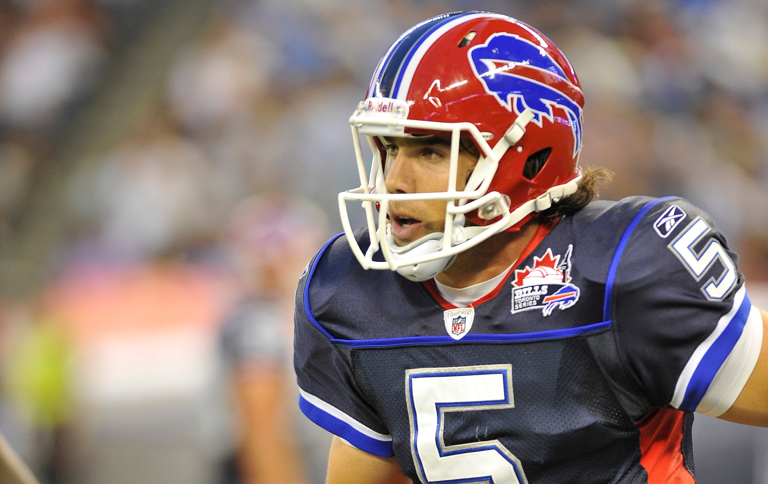 TORONTO, CANADA - AUGUST 19: Trent Edwards #5 of the Buffalo Bills looks on during a break in game action against the Indianapolis Colts on August 19, 2010 at the Rogers Centre in Toronto, Ontario, Canada. (Photo by Brad White/Getty Images)