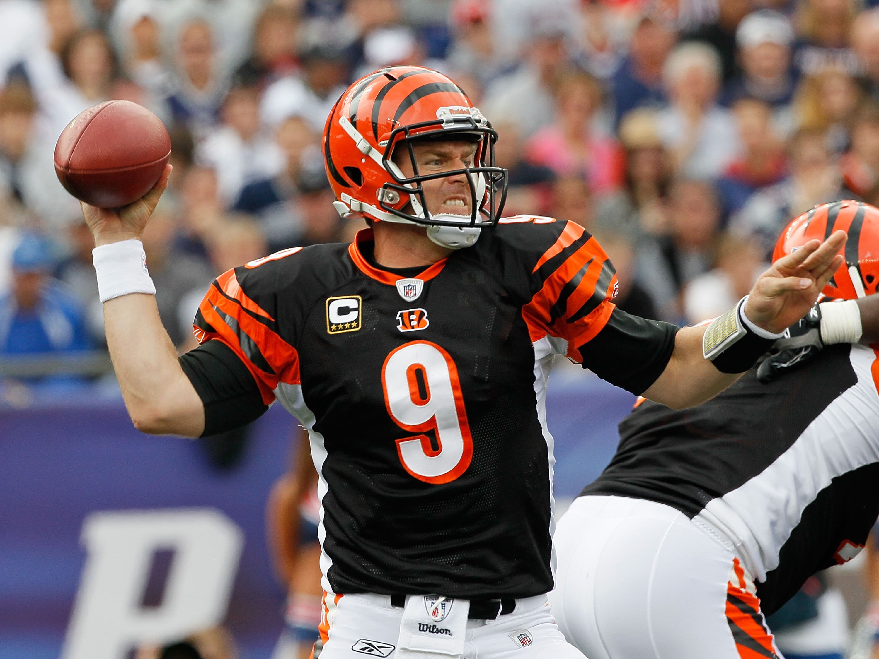 FOXBORO, MA - SEPTEMBER 12: Quarterback Carson Palmer #9 of the Cincinnati Bengals throws during the NFL season opener against the New England Patriots  at Gillette Stadium on September 12, 2010 in Foxboro, Massachusetts. (Photo by Jim Rogash/Getty Images