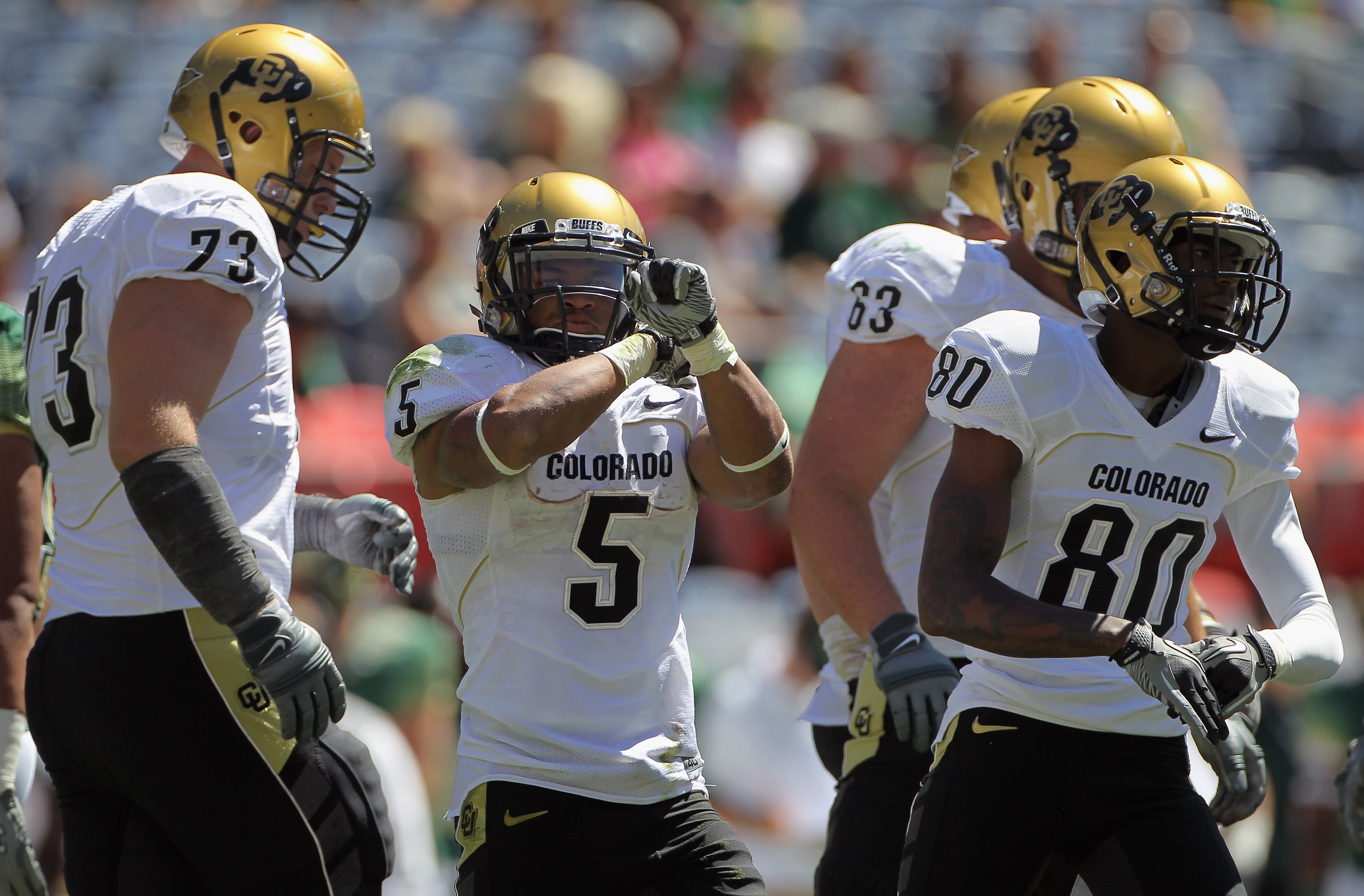 DENVER - SEPTEMBER 04:  Running back Rodney Stewart #5 of the Colorado Buffaloes reacts after a 22 yard run against the Colorado State Rams during the the Rocky Mountain Showdown at INVESCO Field at Mile High on September 4, 2010 in Denver, Colorado.  (Ph