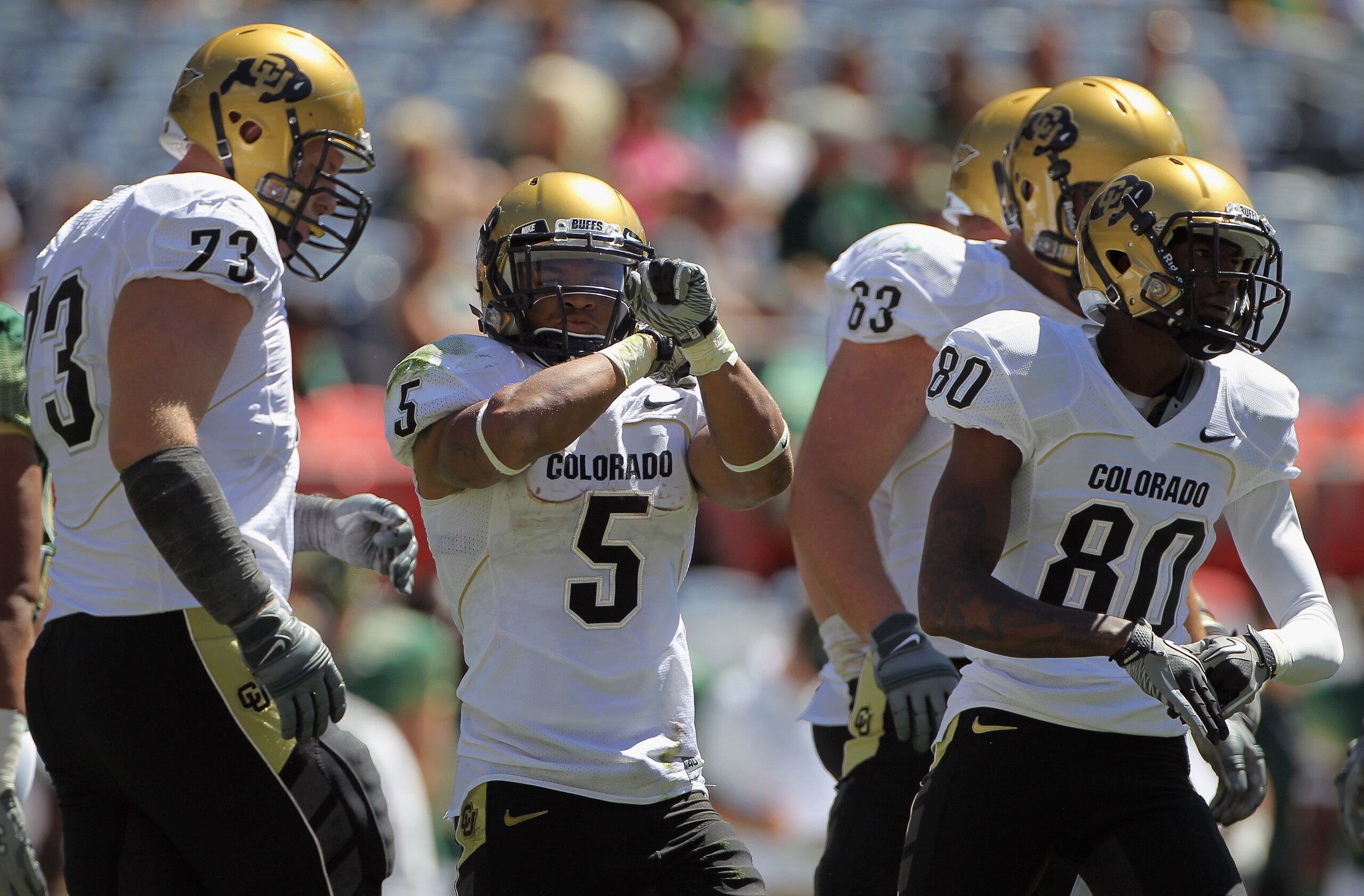 DENVER - SEPTEMBER 04:  Running back Rodney Stewart #5 of the Colorado Buffaloes reacts after a 22 yard run against the Colorado State Rams during the the Rocky Mountain Showdown at INVESCO Field at Mile High on September 4, 2010 in Denver, Colorado.  (Ph