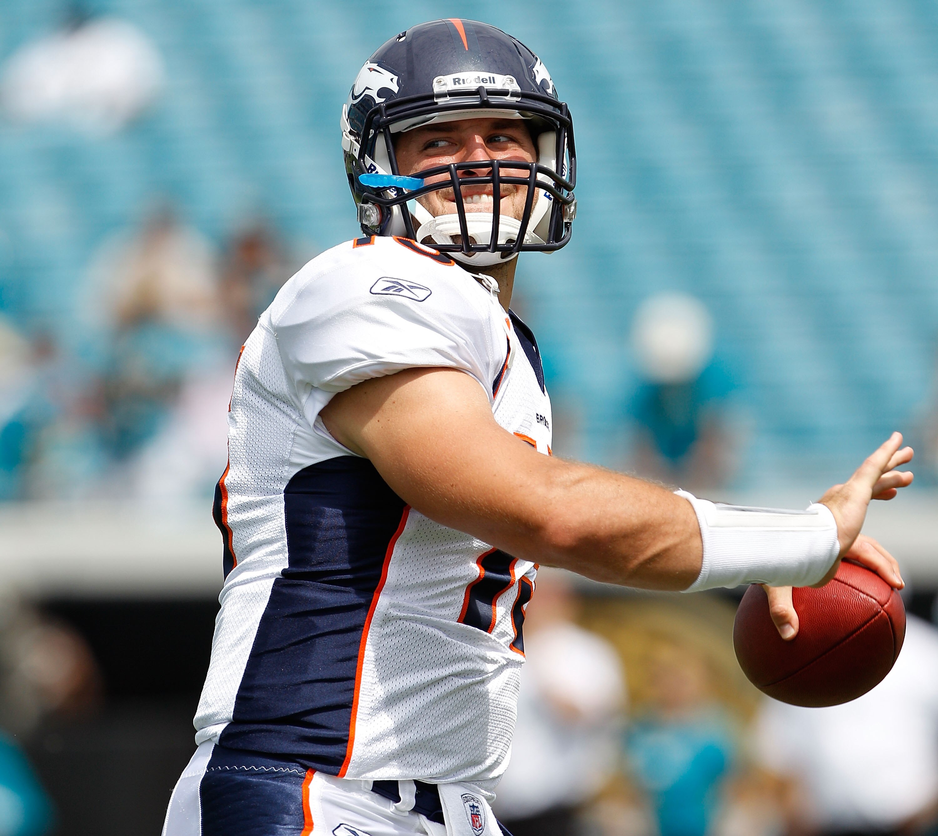 JACKSONVILLE, FL - SEPTEMBER 12:  Quarterback Tim Tebow #15 of the Denver Broncos practices prior to the NFL season opener game against the Jacksonville Jaguars at EverBank Field on September 12, 2010 in Jacksonville, Florida.  (Photo by Sam Greenwood/Get