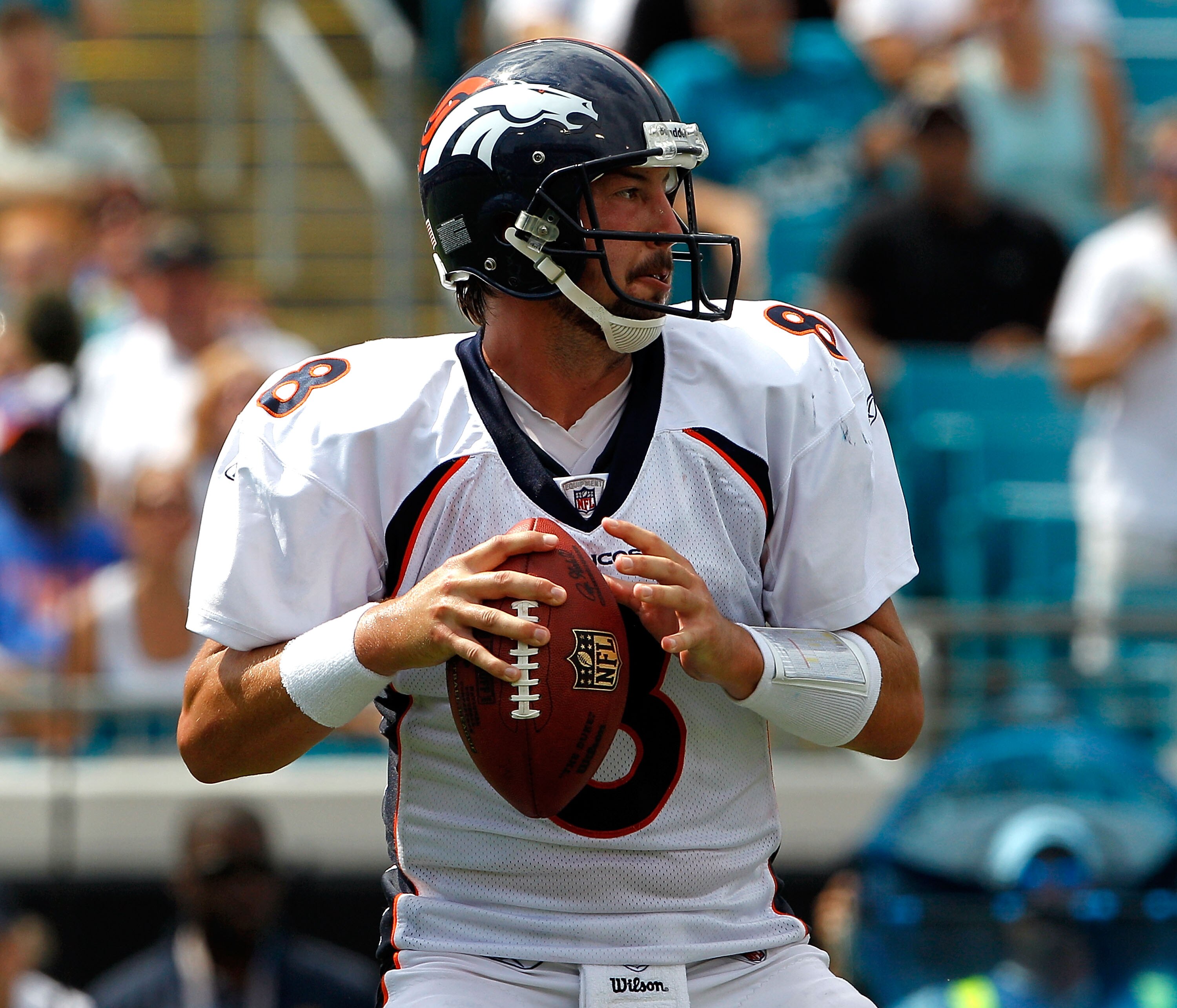 JACKSONVILLE, FL - SEPTEMBER 12:  Quarterback Kyle Orton #8 of the Denver Broncos attempts a pass during the NFL season opener game against the Jacksonville Jaguars at EverBank Field on September 12, 2010 in Jacksonville, Florida.  (Photo by Sam Greenwood