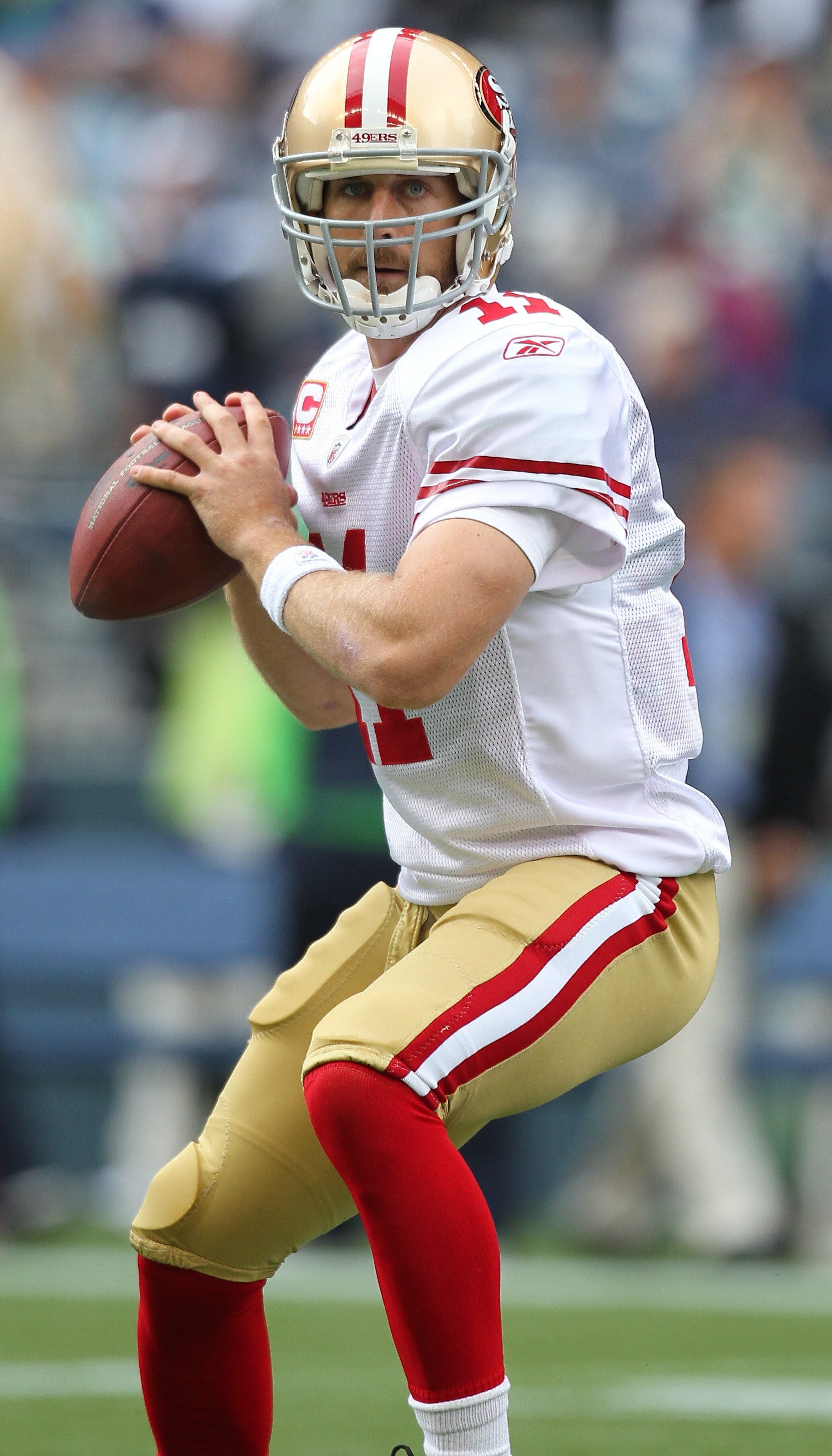 SEATTLE - SEPTEMBER 12:  Quarterback Alex Smith #11 of the San Francisco 49ers warms up prior to the NFL season opener against the Seattle Seahawks at Qwest Field on September 12, 2010 in Seattle, Washington. (Photo by Otto Greule Jr/Getty Images)