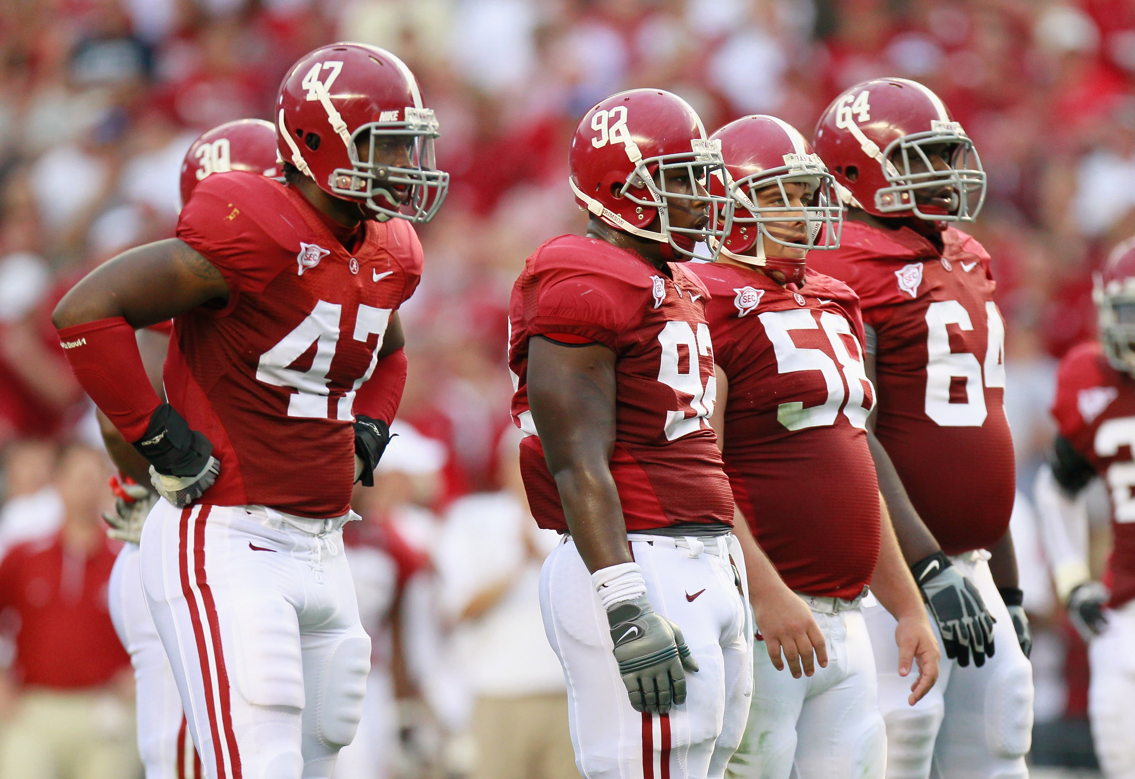 TUSCALOOSA, AL - SEPTEMBER 11: (L-R) Ed Stinson #47, Damion Square #92, Nick Gentry #58, and Kerry Murphy #64 of the Alabama Crimson Tide against the Penn State Nittany Lions at Bryant-Denny Stadium on September 11, 2010 in Tuscaloosa, Alabama. (Photo b TUSCALOOSA, AL - SEPTEMBER 11: (L-R) Ed Stinson #47, Damion Square #92, Nick Gentry #58, and Kerry Murphy #64 of the Alabama Crimson Tide against the Penn State Nittany Lions at Bryant-Denny Stadium on September 11, 2010 in Tuscaloosa, Alabama. (Photo b