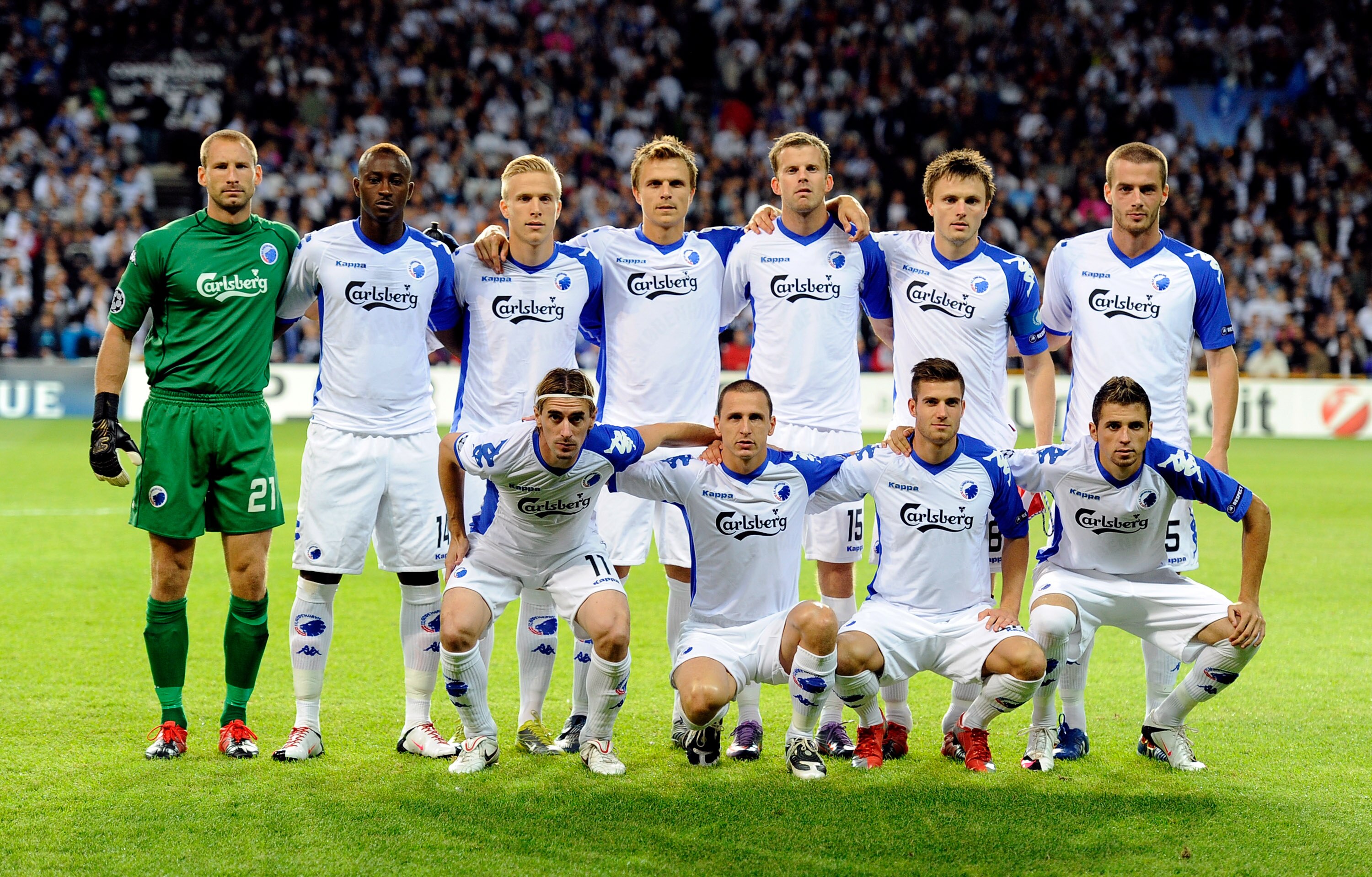 COPENHAGEN, DENMARK - AUGUST 25:  Members of the FC Copenhagen (L-R back row) Johan Wiland, Dame N'Doye, Oscar Wendt, Jesper Gronkjaer, Mikael Antonsson, William Kvist, Solvi Ottesen, (L-R front row) Cesar Santin, Zdenek Pospech, Martin Vingaard, Claudemi
