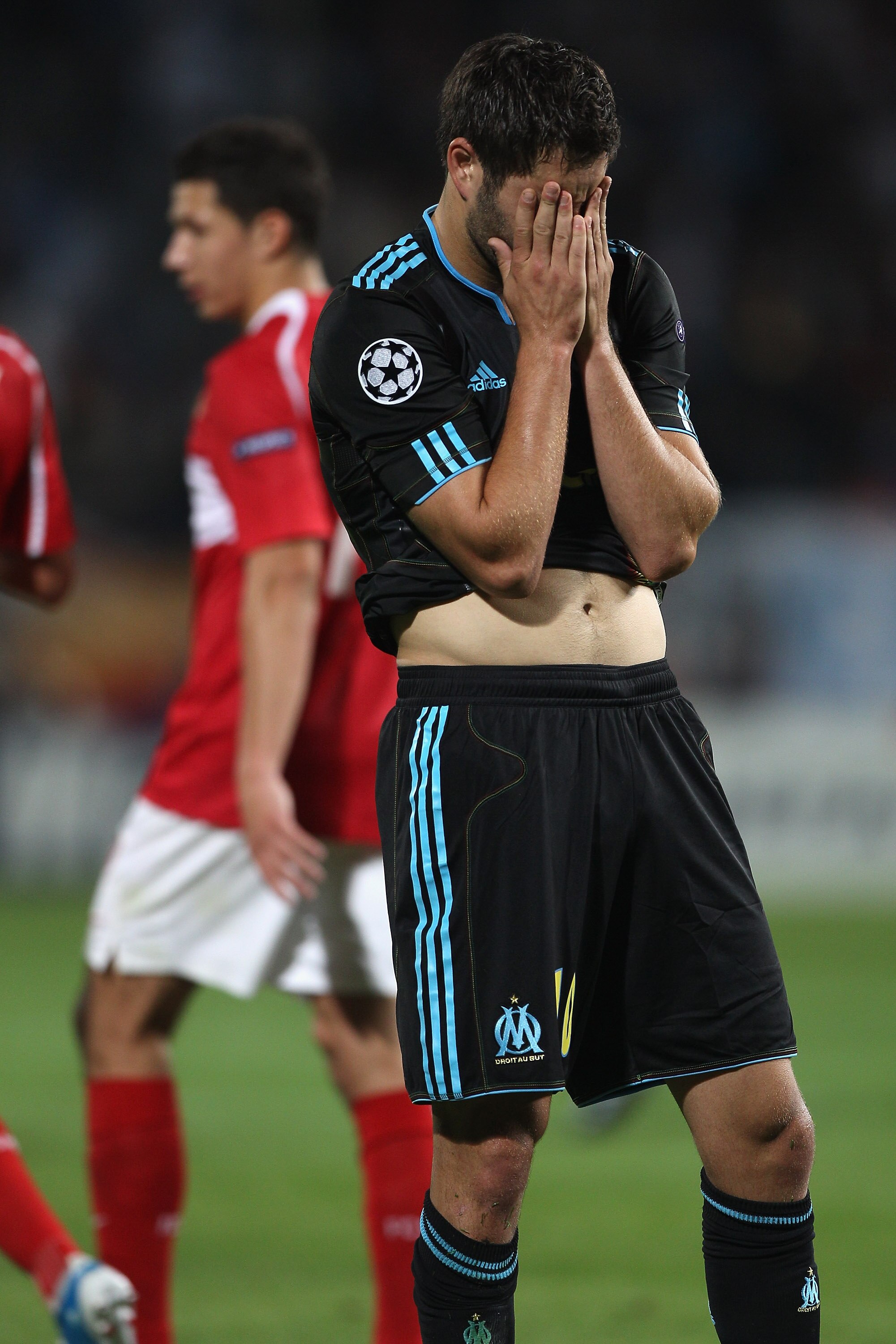 MARSEILLE, FRANCE - SEPTEMBER 15:  Andre-Pierre Gignac of Marseille rues his luck after a shot hit the post during the UEFA Champions League Group F match between Olympique Marseille and Spartak Moscow at the Stade Velodrome on September 15, 2010 in Marse