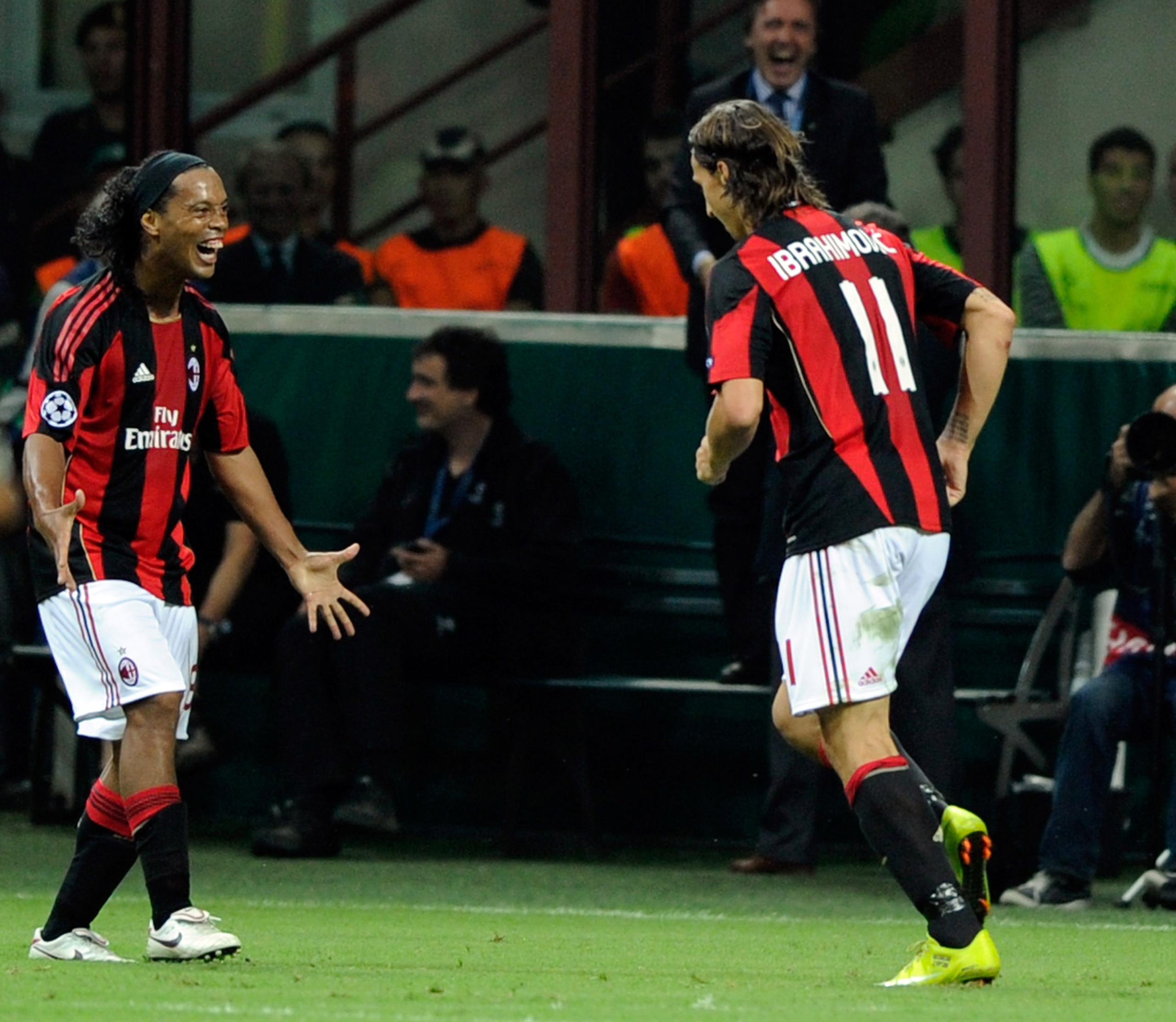 MILAN, ITALY - SEPTEMBER 15:  Celebrates of Zlatan Ibrahimovic and Ronaldinho of AC Milan after the second goal during the UEFA Champions League group G match between AC Milan and Auxerre at San Siro Stadium on September 15, 2010 in Milan, Italy.  (Photo