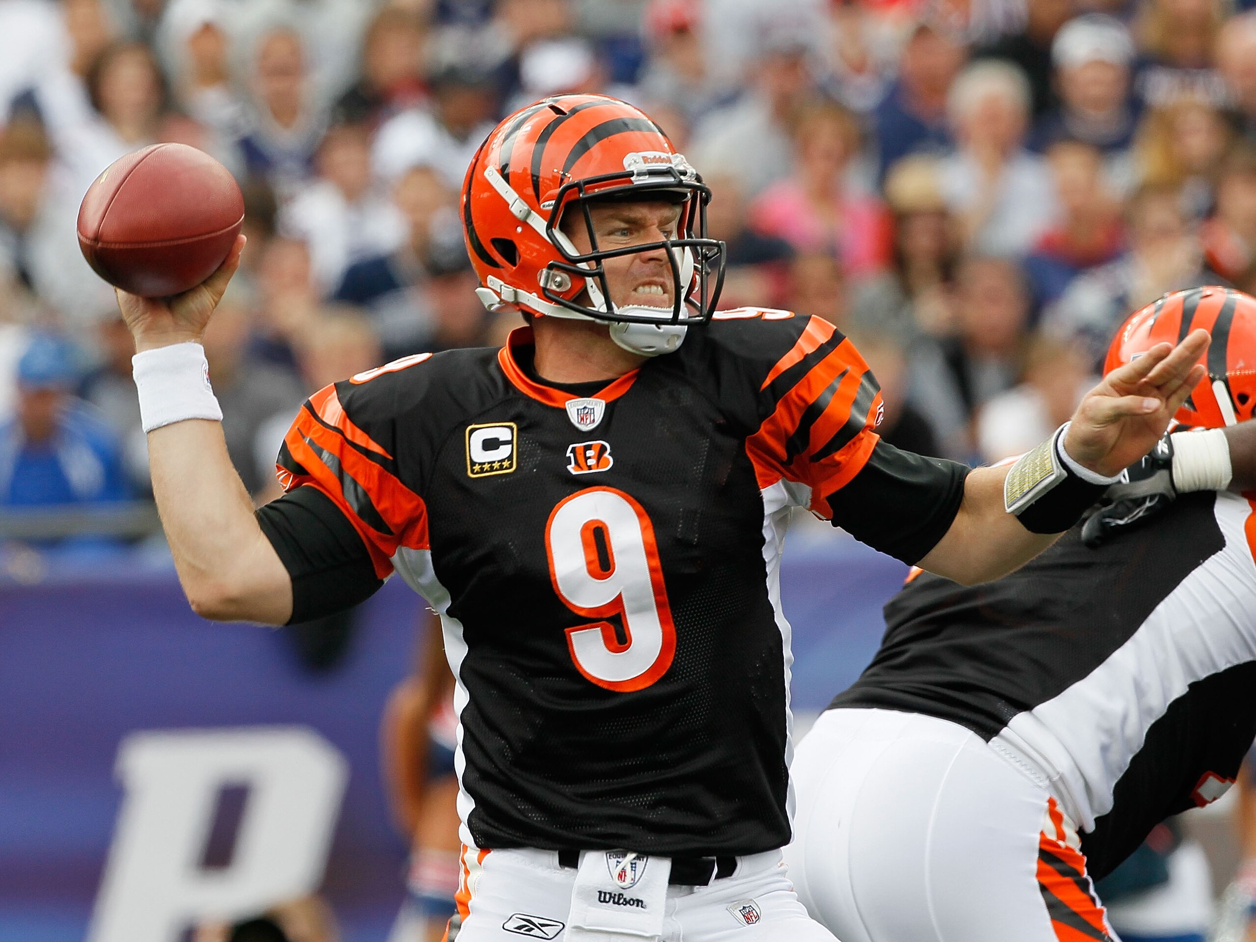 FOXBORO, MA - SEPTEMBER 12: Quarterback Carson Palmer #9 of the Cincinnati Bengals throws during the NFL season opener against the New England Patriots at Gillette Stadium on September 12, 2010 in Foxboro, Massachusetts. (Photo by Jim Rogash/Getty Images FOXBORO, MA - SEPTEMBER 12: Quarterback Carson Palmer #9 of the Cincinnati Bengals throws during the NFL season opener against the New England Patriots at Gillette Stadium on September 12, 2010 in Foxboro, Massachusetts. (Photo by Jim Rogash/Getty Images