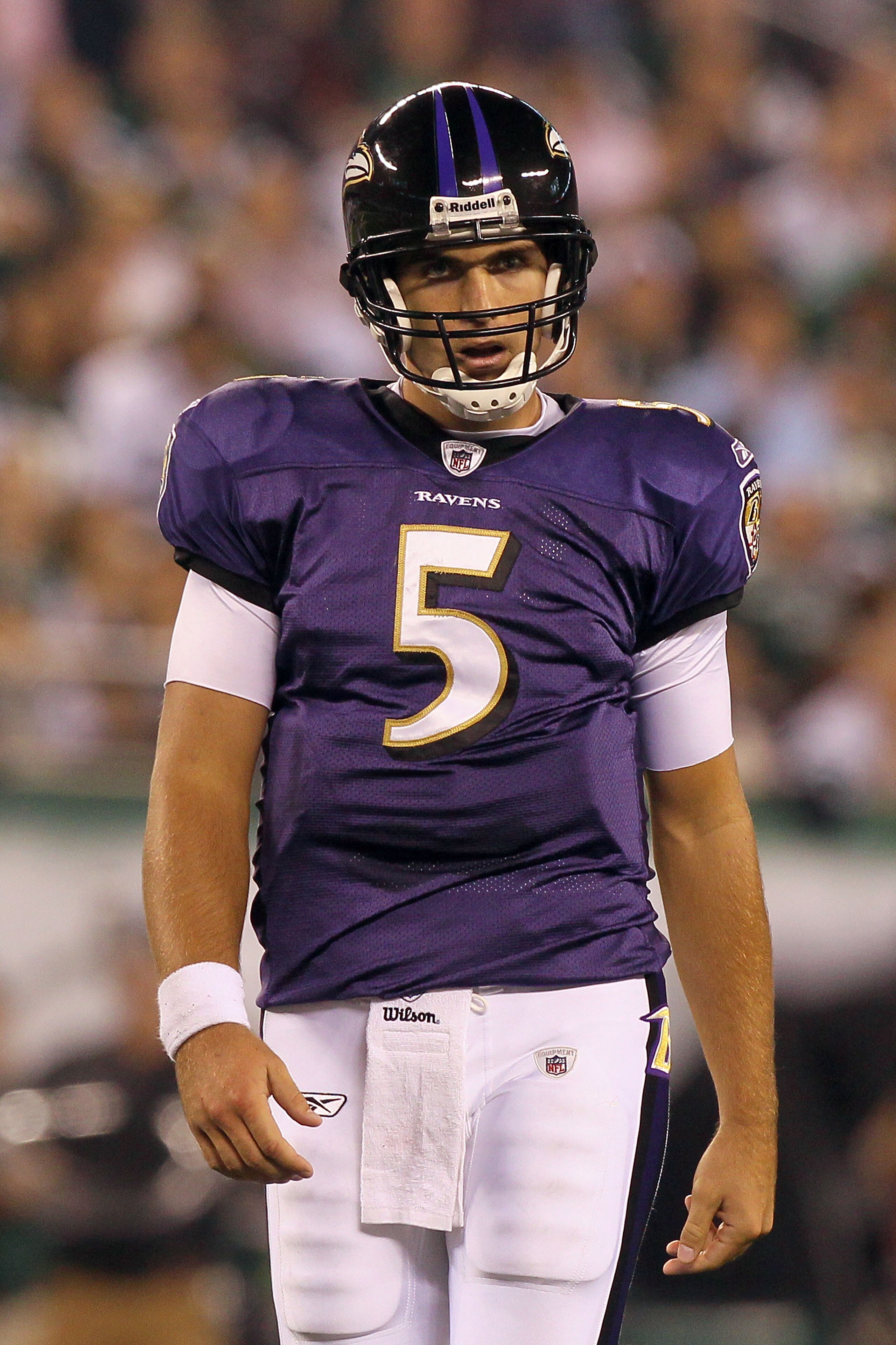 EAST RUTHERFORD, NJ - SEPTEMBER 13: Joe Flacco #5 of the Baltimore Ravens reacts after a pass against the New York Jets during the home opener at the New Meadowlands Stadium on September 13, 2010 in East Rutherford, New Jersey. (Photo by Jim McIsaac/Get EAST RUTHERFORD, NJ - SEPTEMBER 13: Joe Flacco #5 of the Baltimore Ravens reacts after a pass against the New York Jets during the home opener at the New Meadowlands Stadium on September 13, 2010 in East Rutherford, New Jersey. (Photo by Jim McIsaac/Get