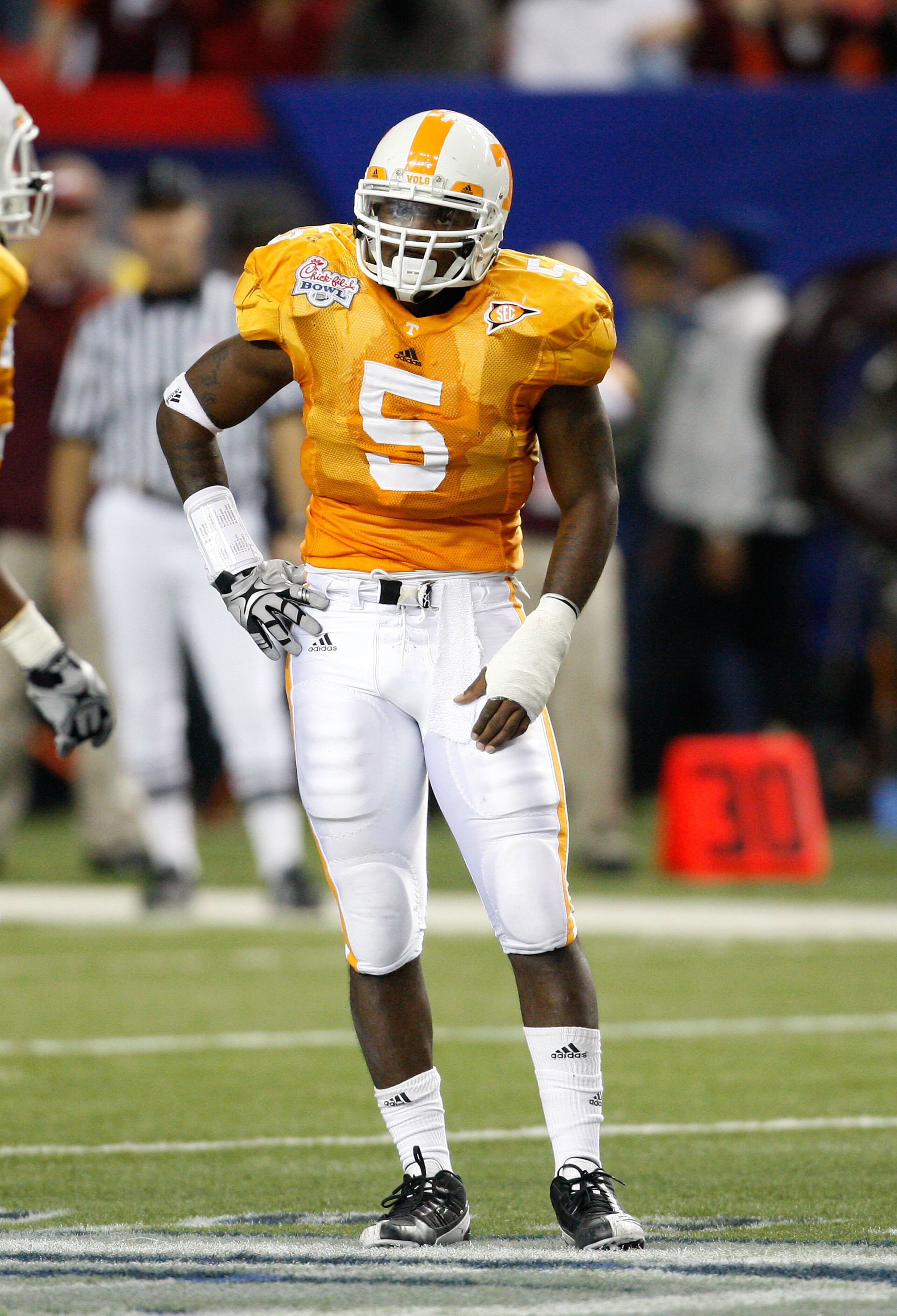 ATLANTA - DECEMBER 31:  Linebacker Rico McCoy #5 of the Tennessee Volunteers takes a break during the Chick-Fil-A Bowl against the Virginia Tech Hokies at the Georgia Dome on December 31, 2009 in Atlanta, Georgia.  Virginia Tech beat Tennessee 37-14.  (Ph