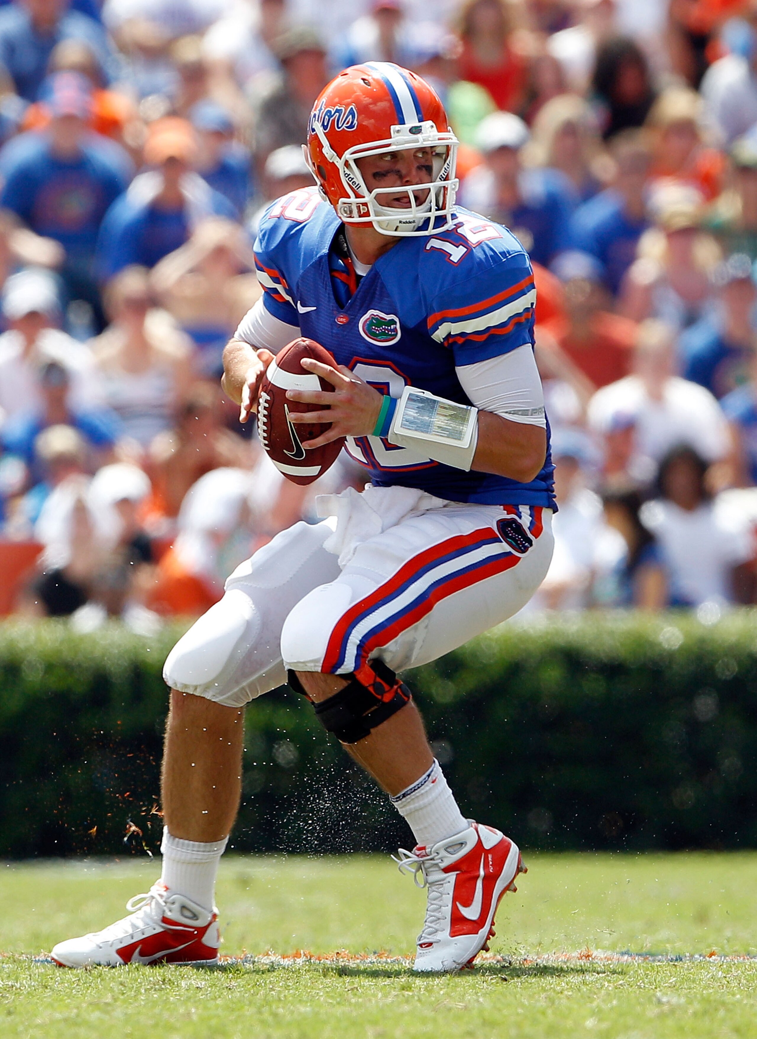 GAINESVILLE, FL - SEPTEMBER 11:  Quarterback John Brantley #12 of the Florida Gators attempts a pass during a game against the South Florida Bulls at Ben Hill Griffin Stadium on September 11, 2010 in Gainesville, Florida.  (Photo by Sam Greenwood/Getty Im