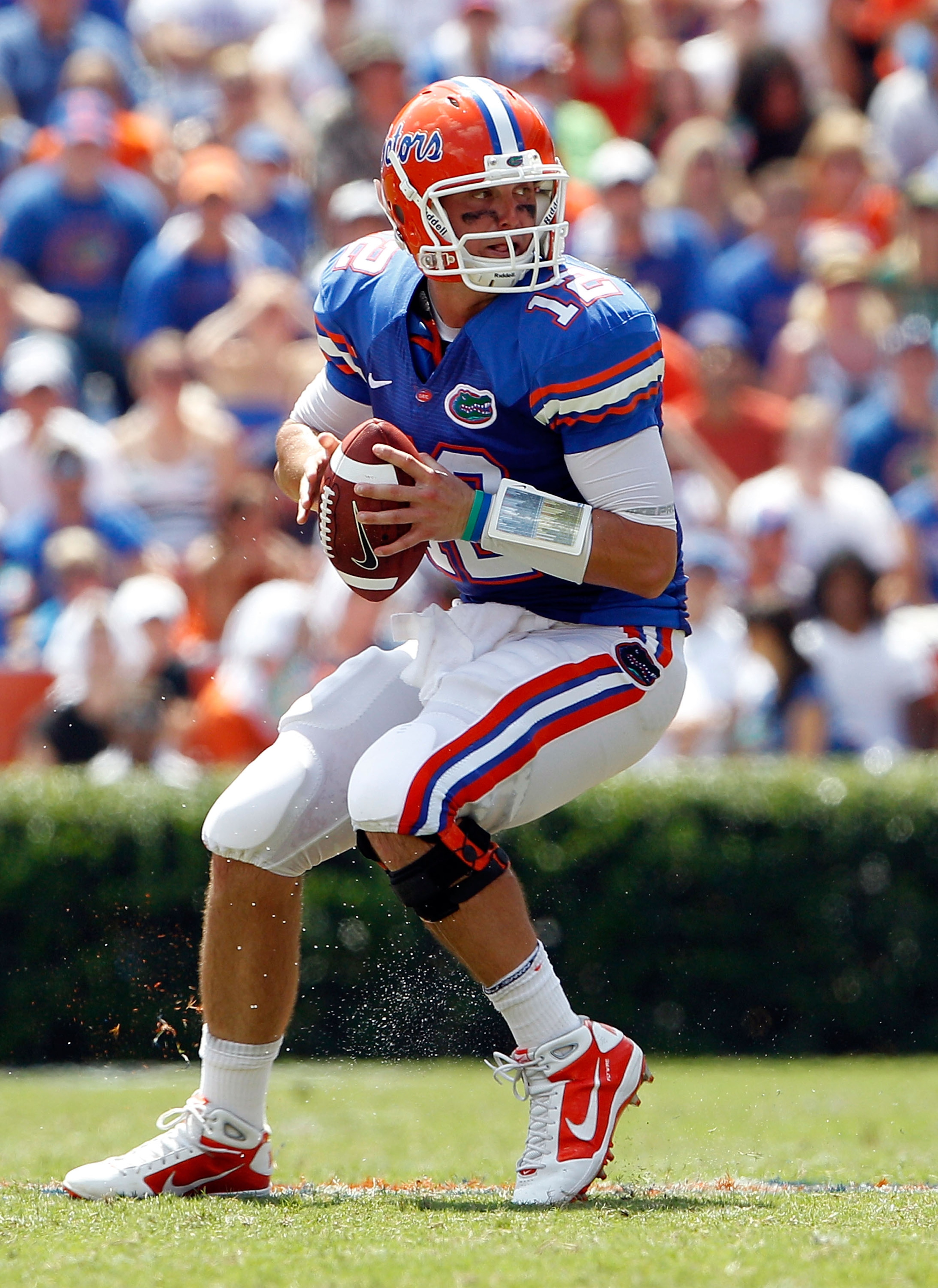 GAINESVILLE, FL - SEPTEMBER 11:  Quarterback John Brantley #12 of the Florida Gators attempts a pass during a game against the South Florida Bulls at Ben Hill Griffin Stadium on September 11, 2010 in Gainesville, Florida.  (Photo by Sam Greenwood/Getty Im