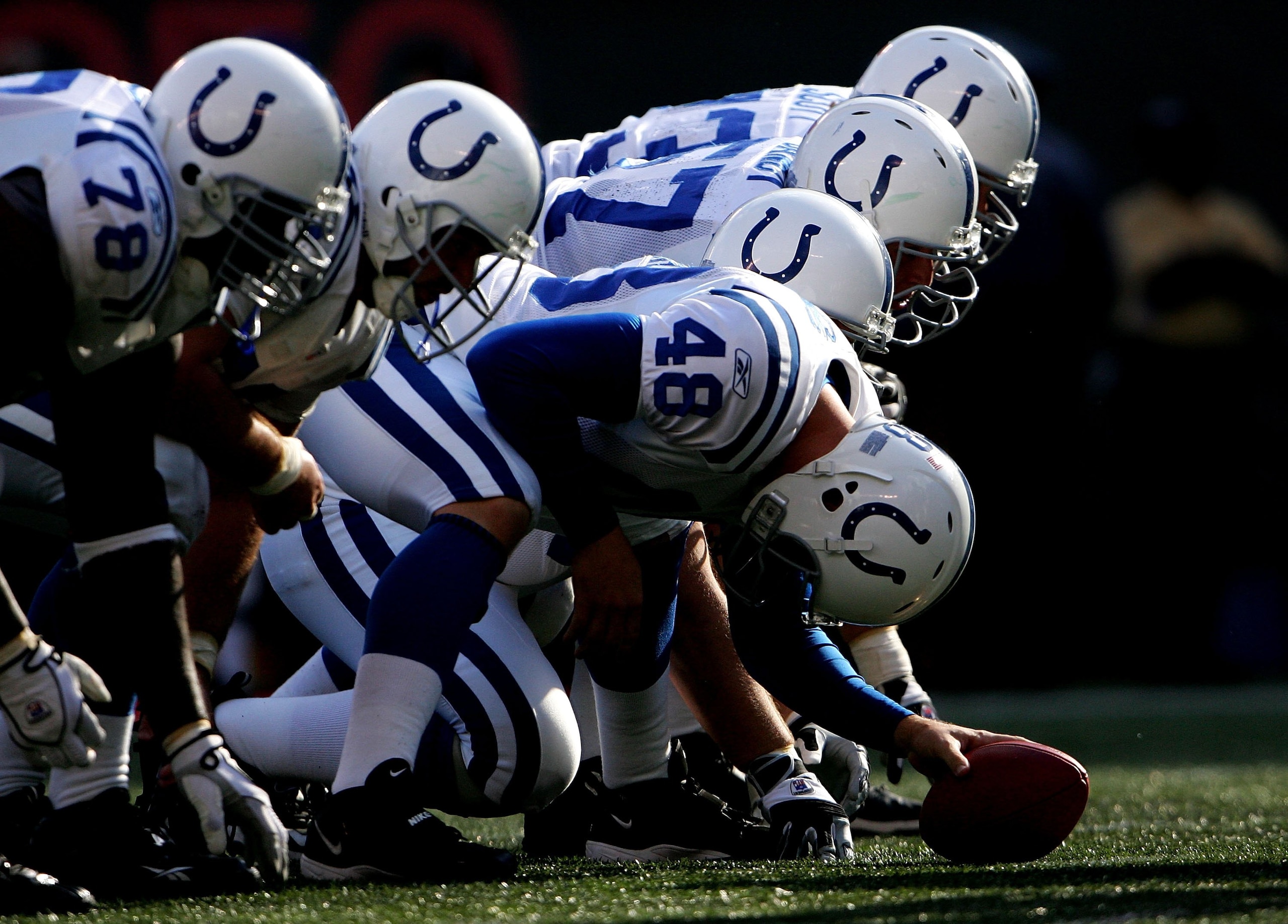 EAST RUTHERFORD, NJ - OCTOBER 01:  Tight end Justin Snow #48 of the Indianapolis Colts prepares for a play in the fourth quarter of the game against the New York Jets on October 1, 2006 at Giants Stadium in East Rutherford, New Jersey.  The Colts won the