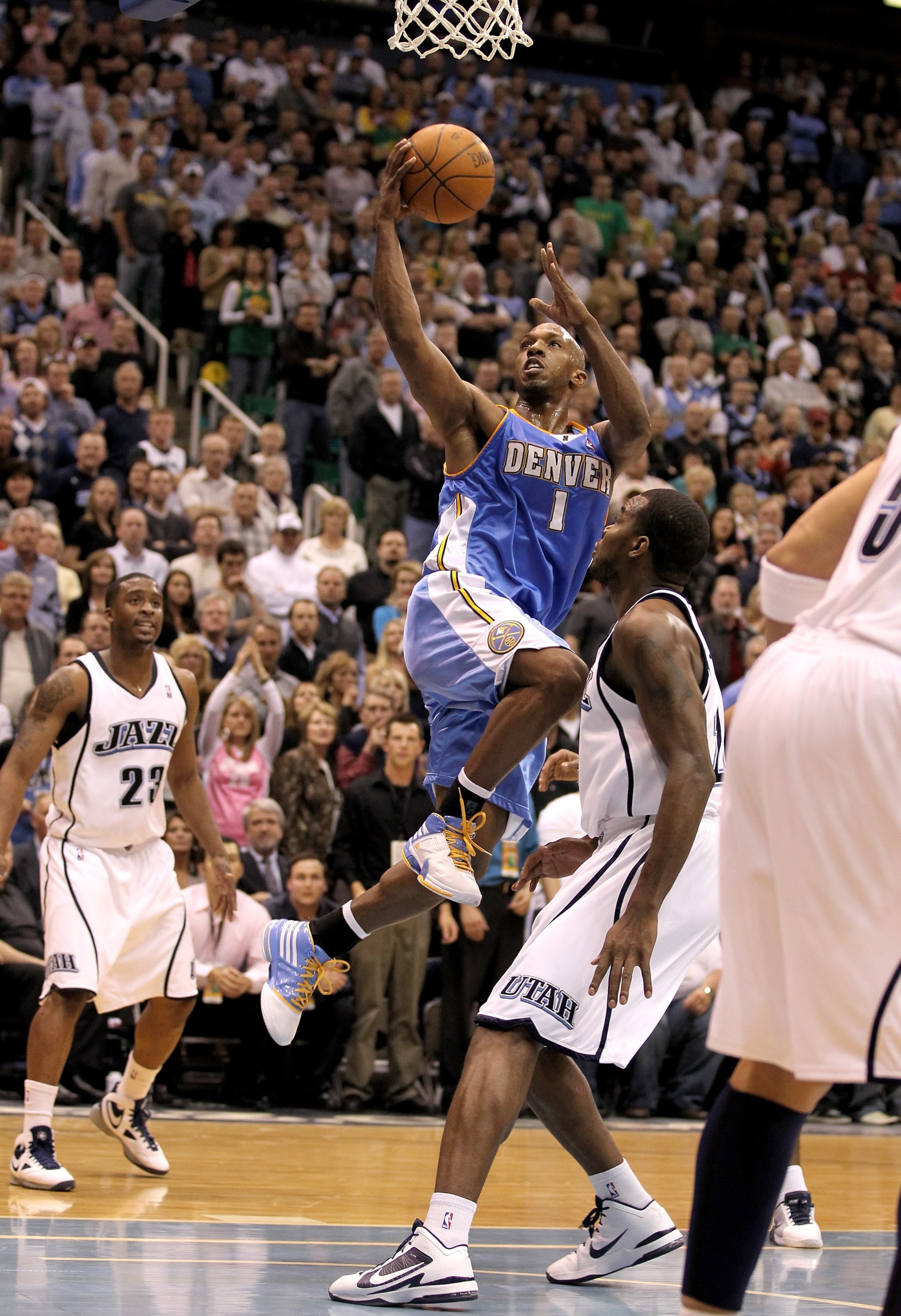 SALT LAKE CITY - APRIL 30:  Chauncey Billups #1 of the Denver Nuggets drives to the basket during their game against the Utah Jazz in Game Six of the Western Conference Quarterfinals of the 2010 NBA Playoffs at EnergySolutions Arena on April 30, 2010 in S
