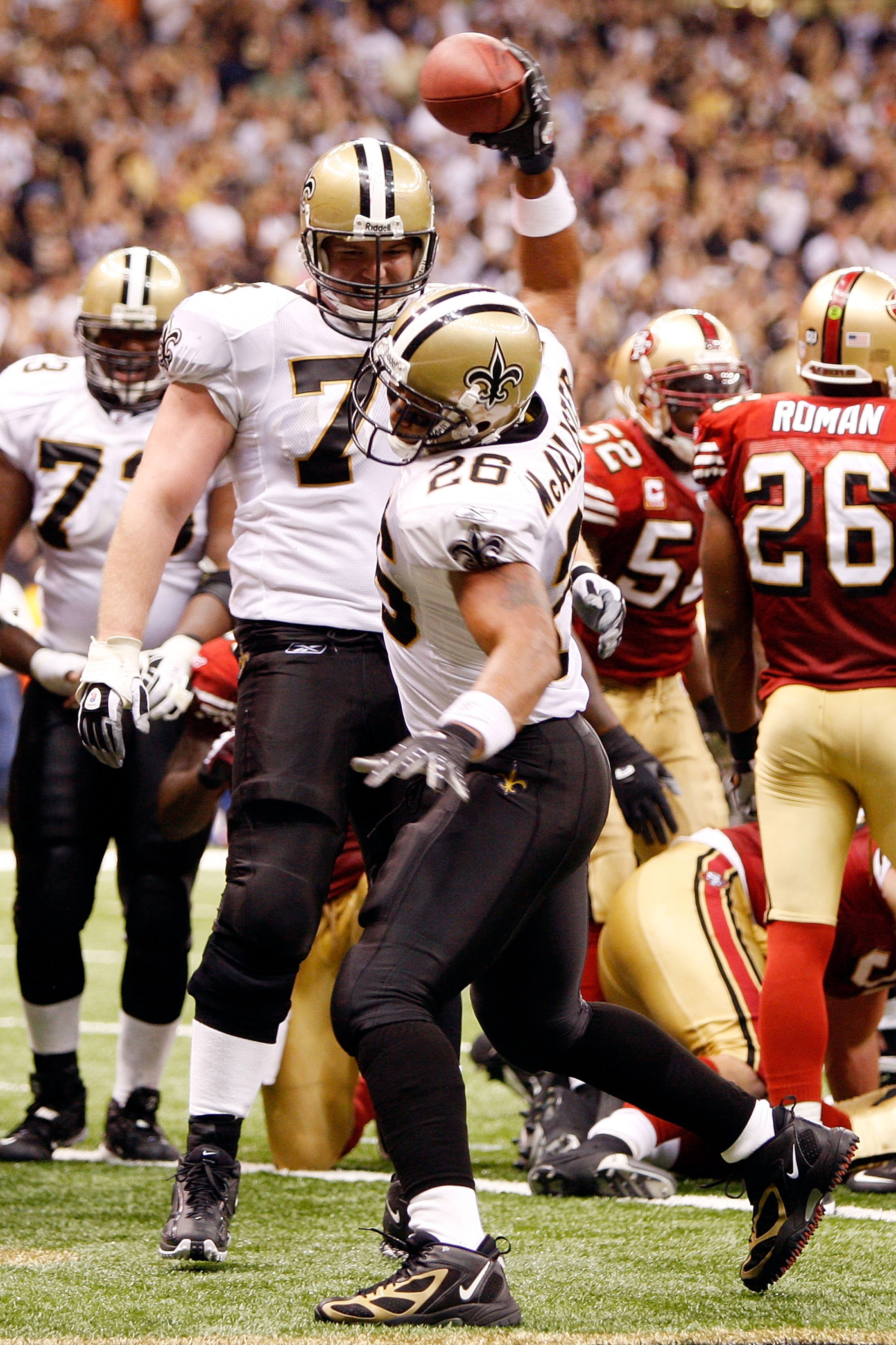 NEW ORLEANS - SEPTEMBER 28:  Deuce McAllister #26 of the New Orleans Saints celebrates after scoring a touchdown against the San Francisco 49ers on September 28 2008 at the Superdome in New Orleans, Louisiana.  The Saints defeated the 49ers 31-17.  (Photo