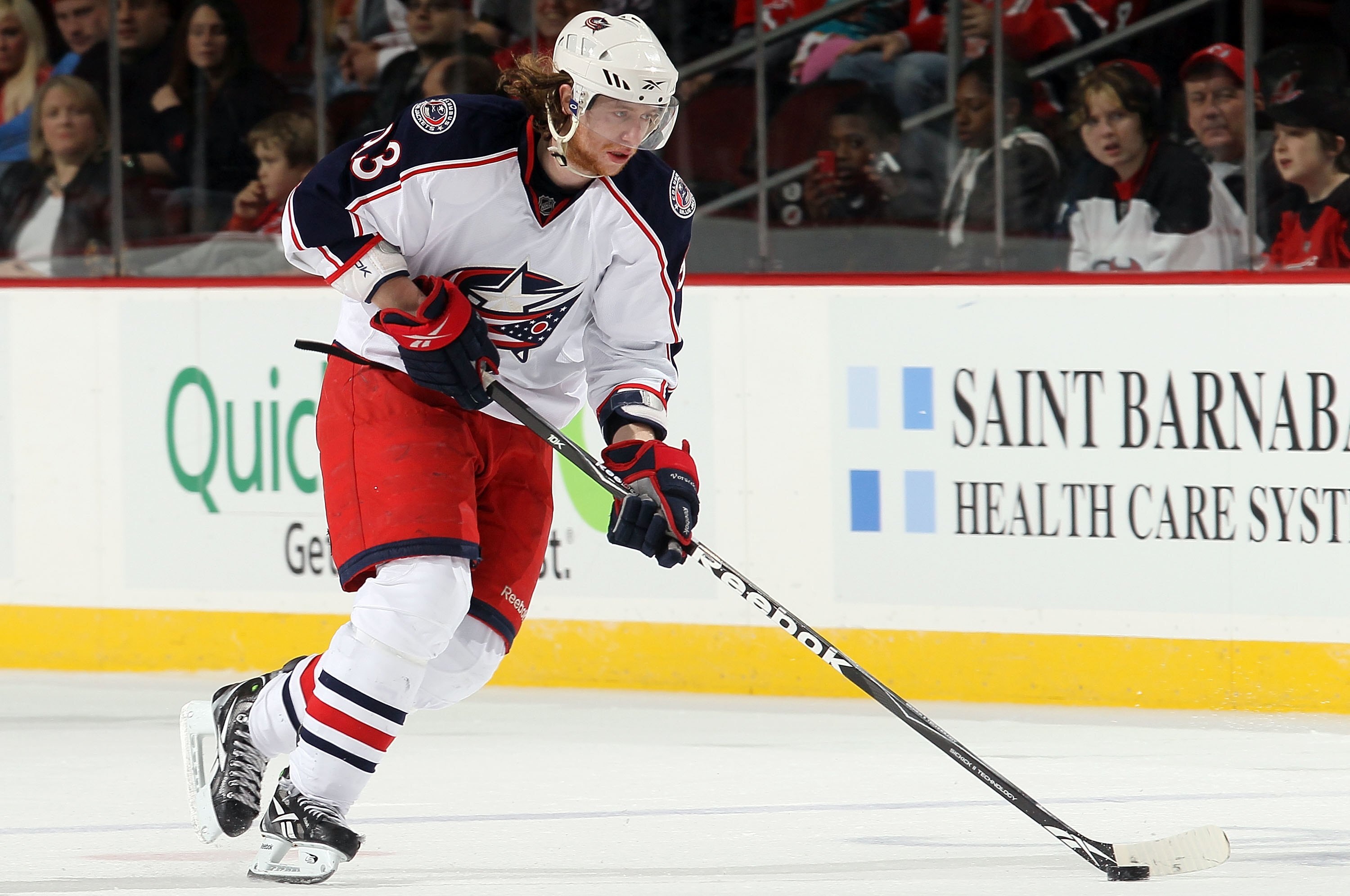 NEWARK, NJ - MARCH 23:  Jakub Voracek #93 of the Columbus Blue Jackets skates against the New Jersey Devils at the Prudential Center on March 23, 2010 in Newark, New Jersey. The Devils defeated the Blue Jackets 6-3.  (Photo by Jim McIsaac/Getty Images)