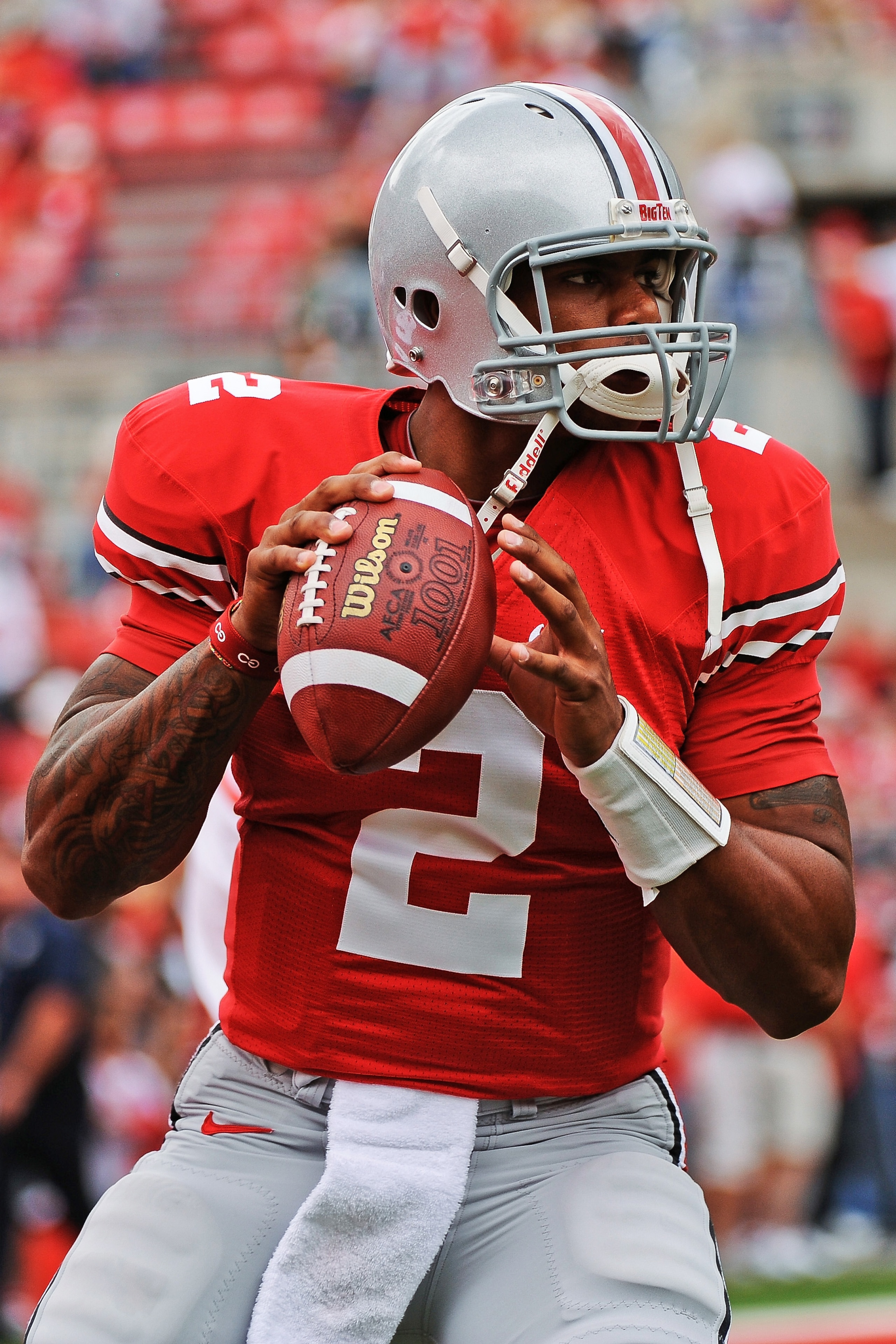 COLUMBUS, OH - SEPTEMBER 11:  Quarterback Terrelle Pryor #2 of the Ohio State Buckeyes warms up before a game against the Miami Hurricanes at Ohio Stadium on September 11, 2010 in Columbus, Ohio.  (Photo by Jamie Sabau/Getty Images)